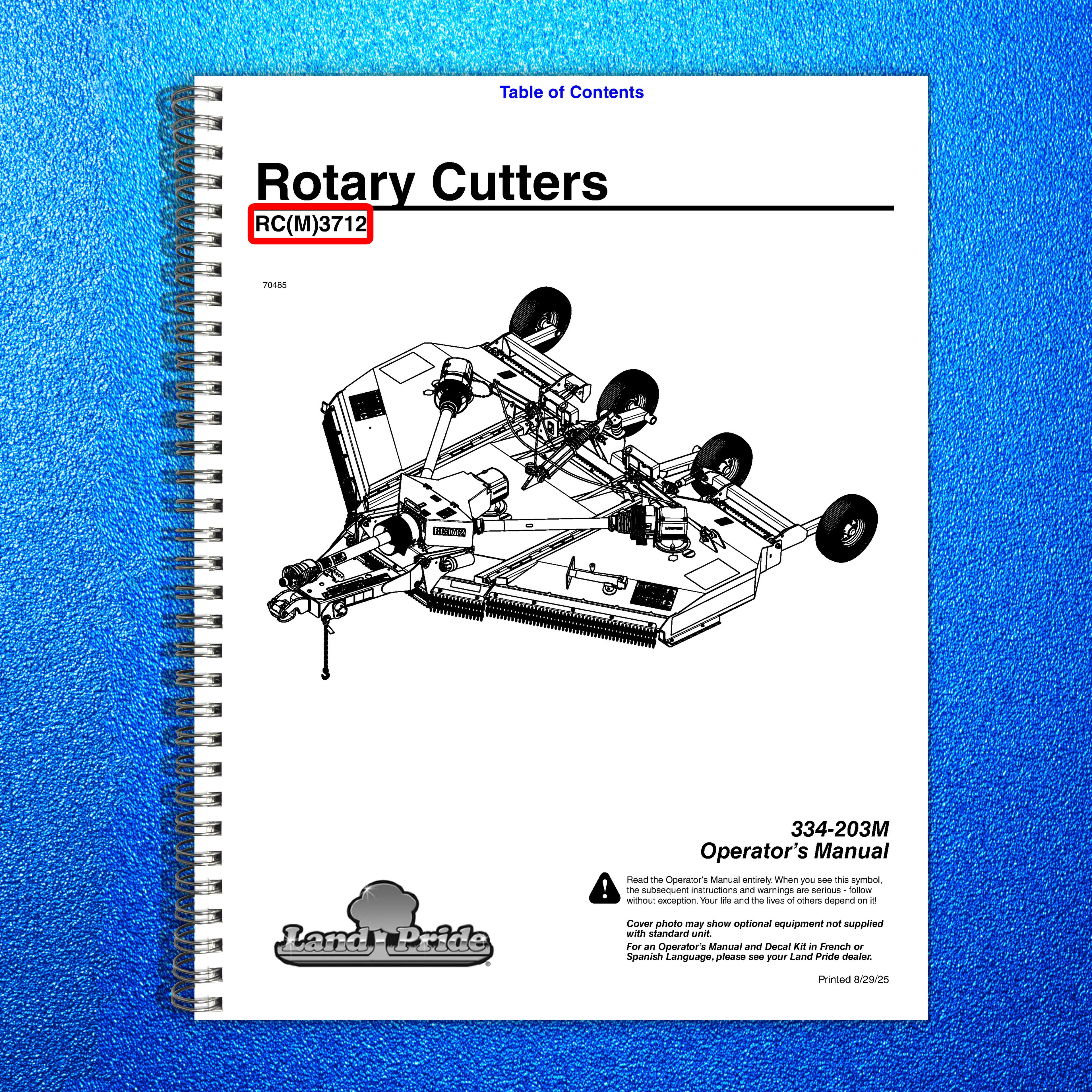 LAND PRIDE RC3712 RCM3712 Rotary Cutters Operators Manual - WIRE BOUND - COVERS