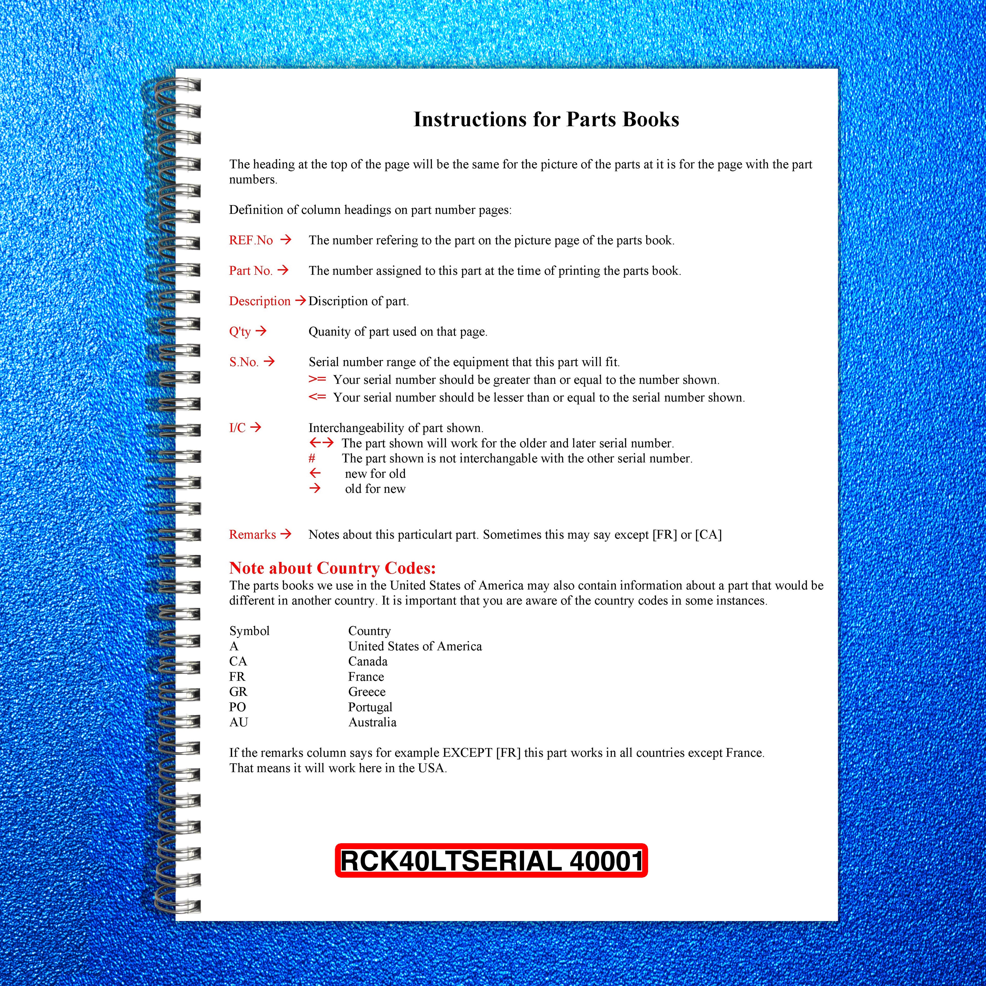 KUBOTA RCK40LTserial number 40001 and up Parts Manual - WIRE BOUND - COVERS