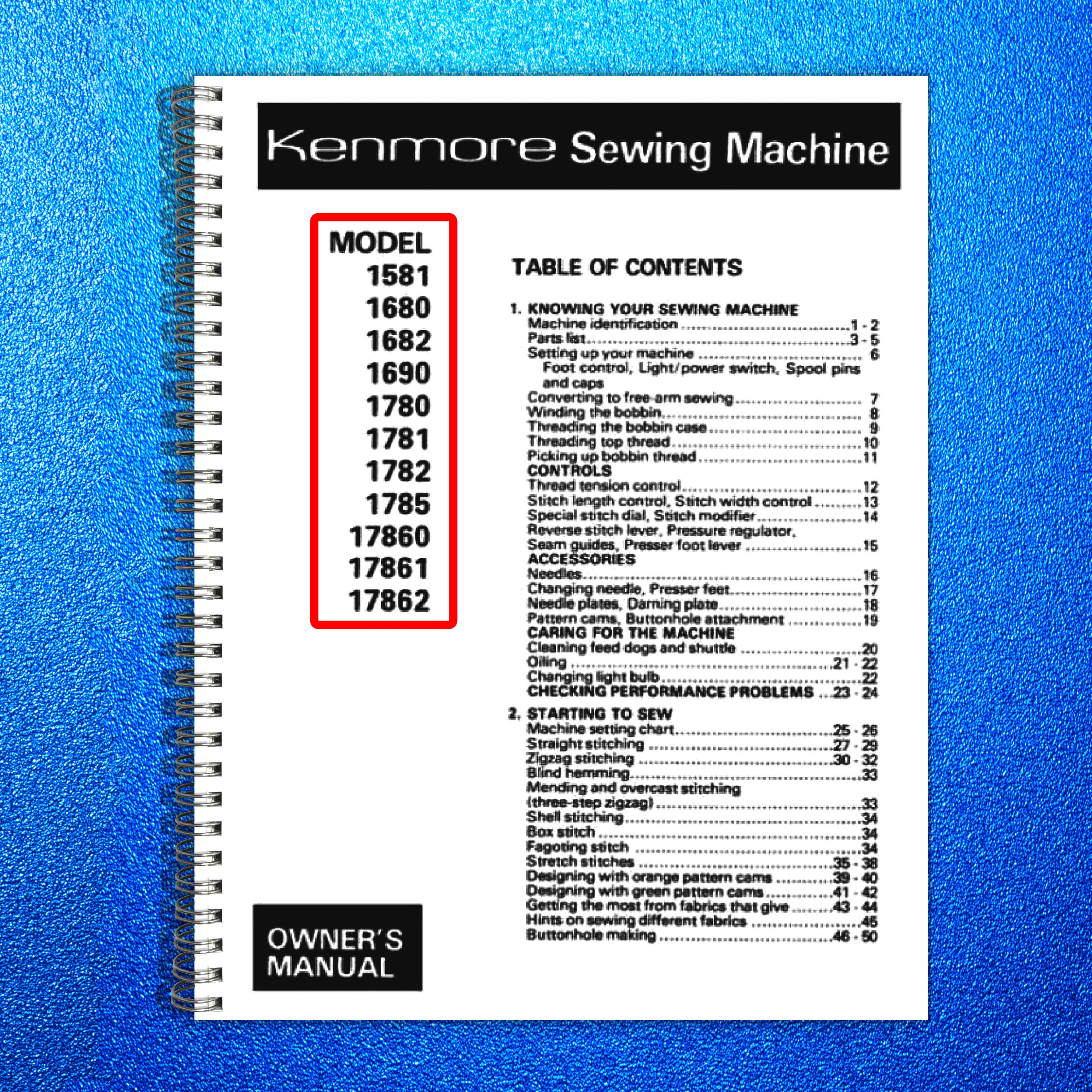 KENMORE 1581 1680 1682 1690 1780 & MORE Owners Manual - WIRE BOUND- TOUGH COVERS