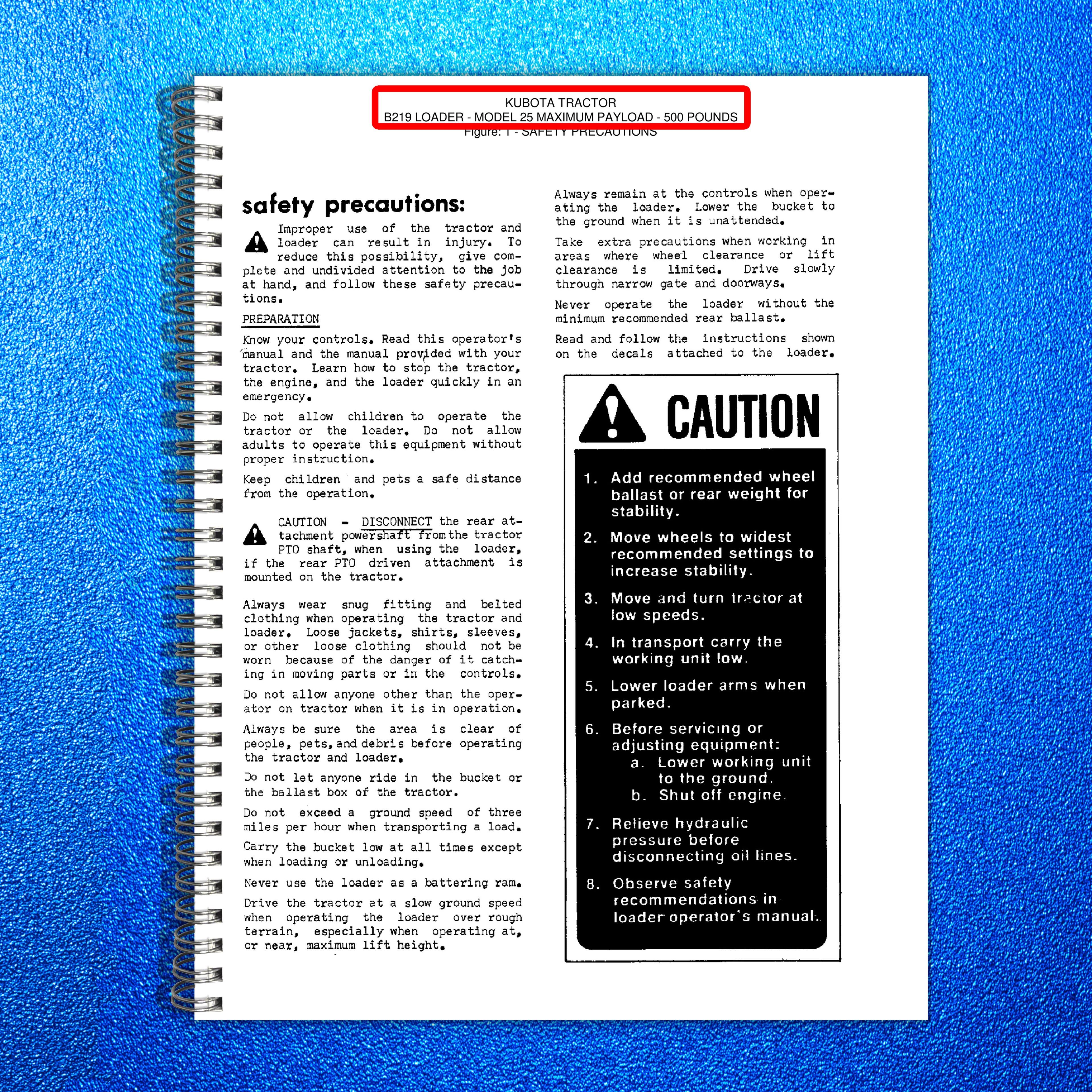 KUBOTA B219 Model 25 Loader Operators Manual - STEEL WIRE BOUND - TOUGH COVERS