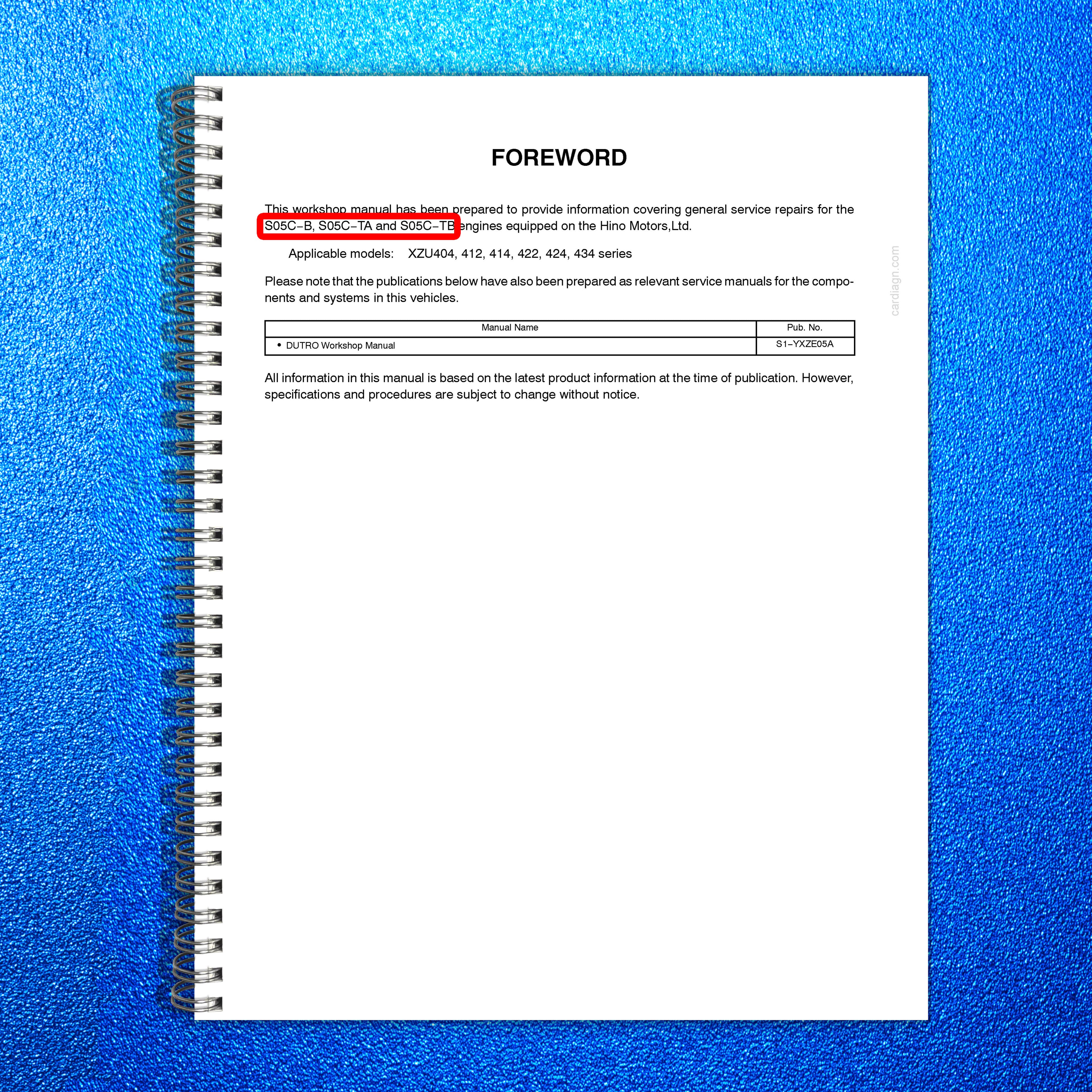 HINO S05C-B S05C-TA S05C-TB Engine Workshop Manual 2002 - WIRE BOUND - COVERS