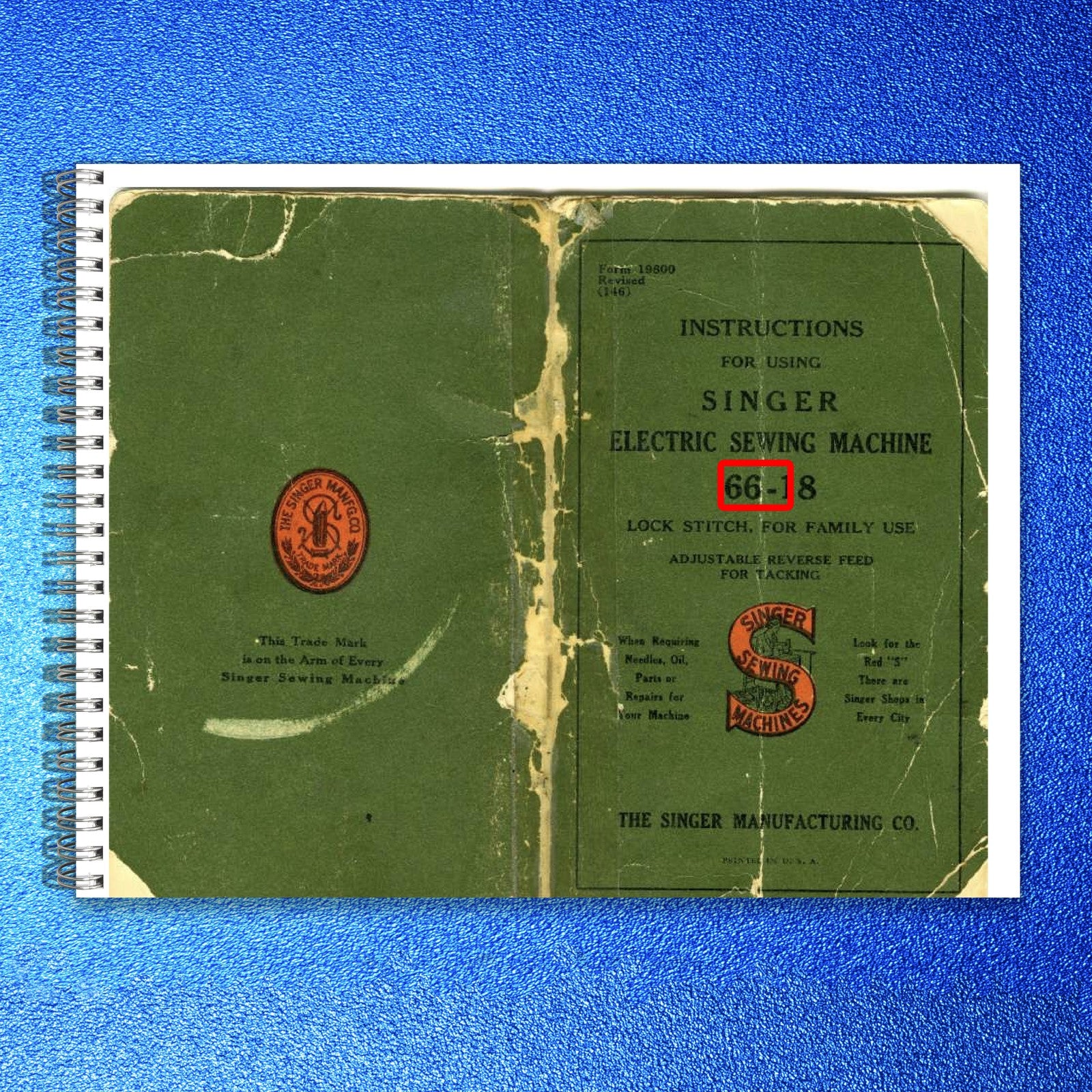 SINGER 66-18 Sewing Machine Instruction Manual 1941 - WIRE BOUND - TOUGH COVERS