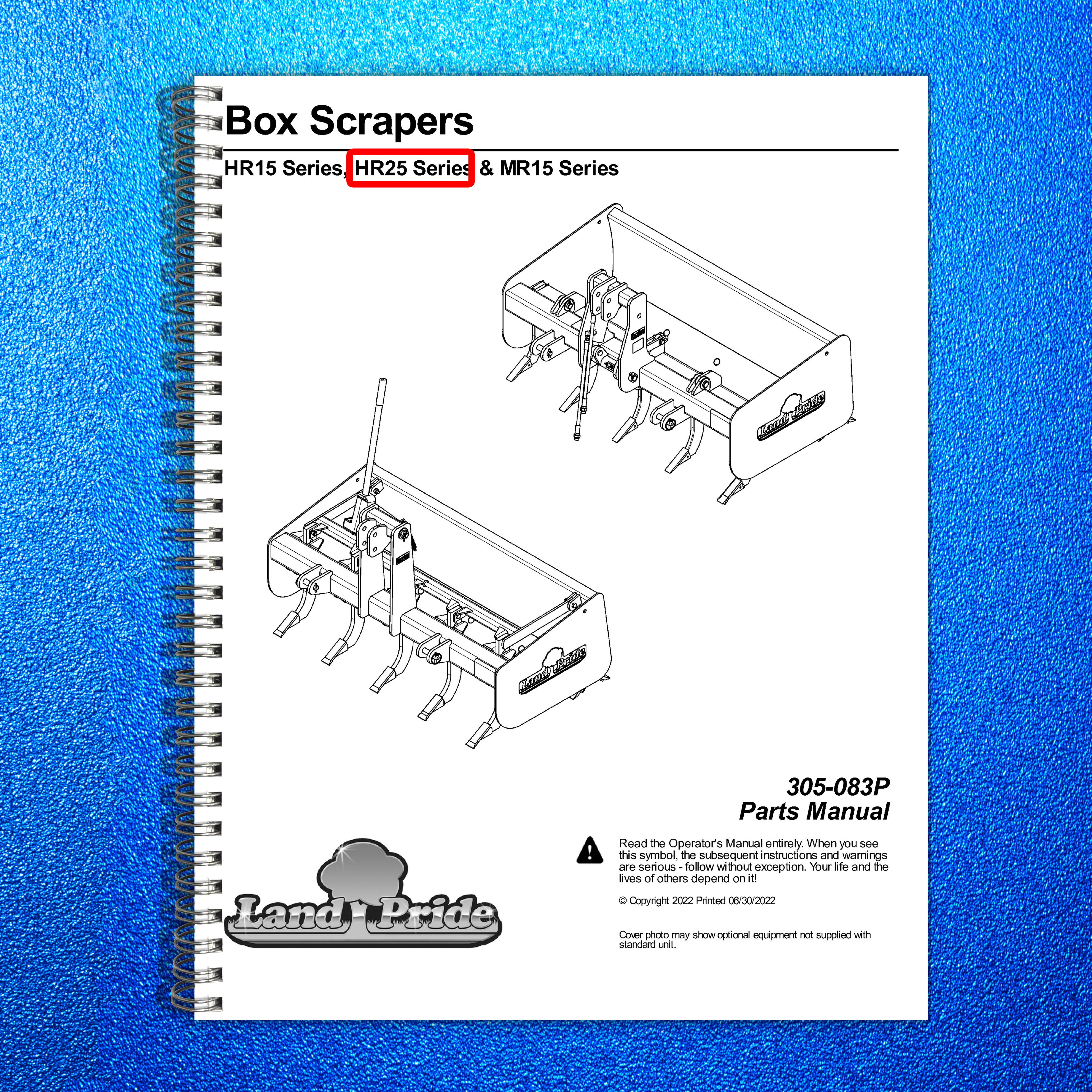 LAND PRIDE HR25 Series Box Scrapers Parts Manual 2022 - WIRE BOUND - COVERS
