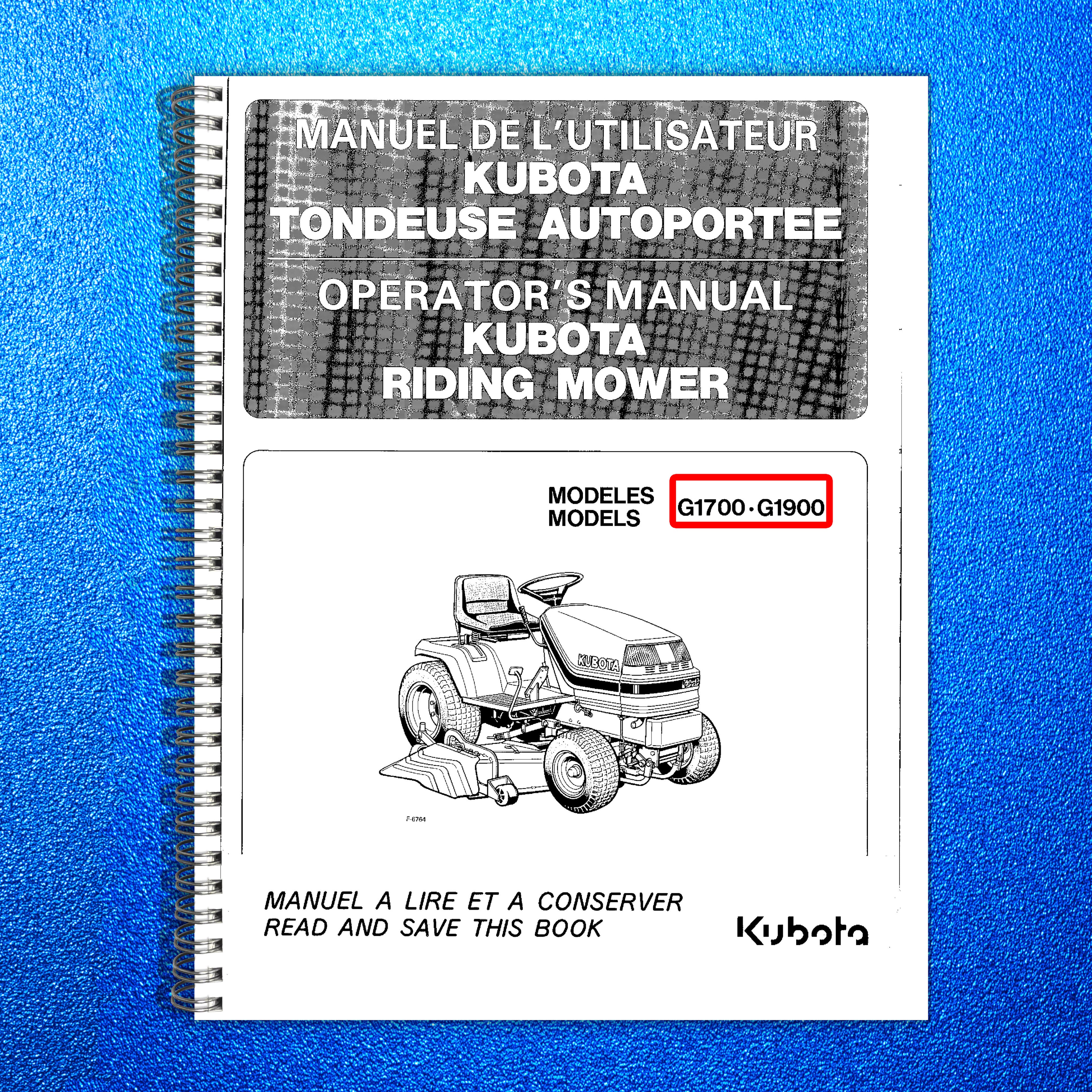 KUBOTA G1700 G1900 Operators Manual - STEEL WIRE BOUND - PROTECTIVE COVERS