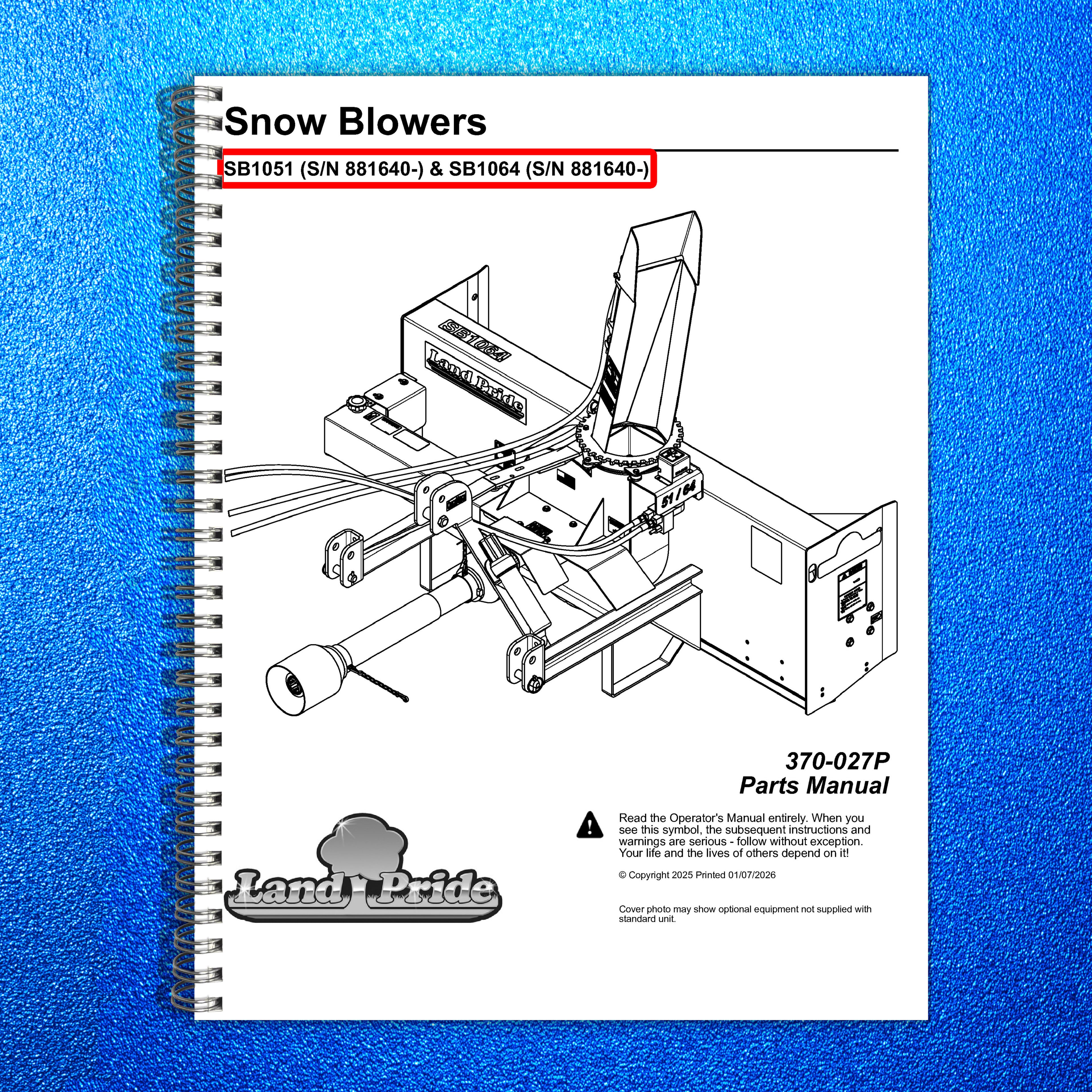 LAND PRIDE SB10 Series Snow Blowers Parts Manual 2025 - WIRE BOUND - COVERS