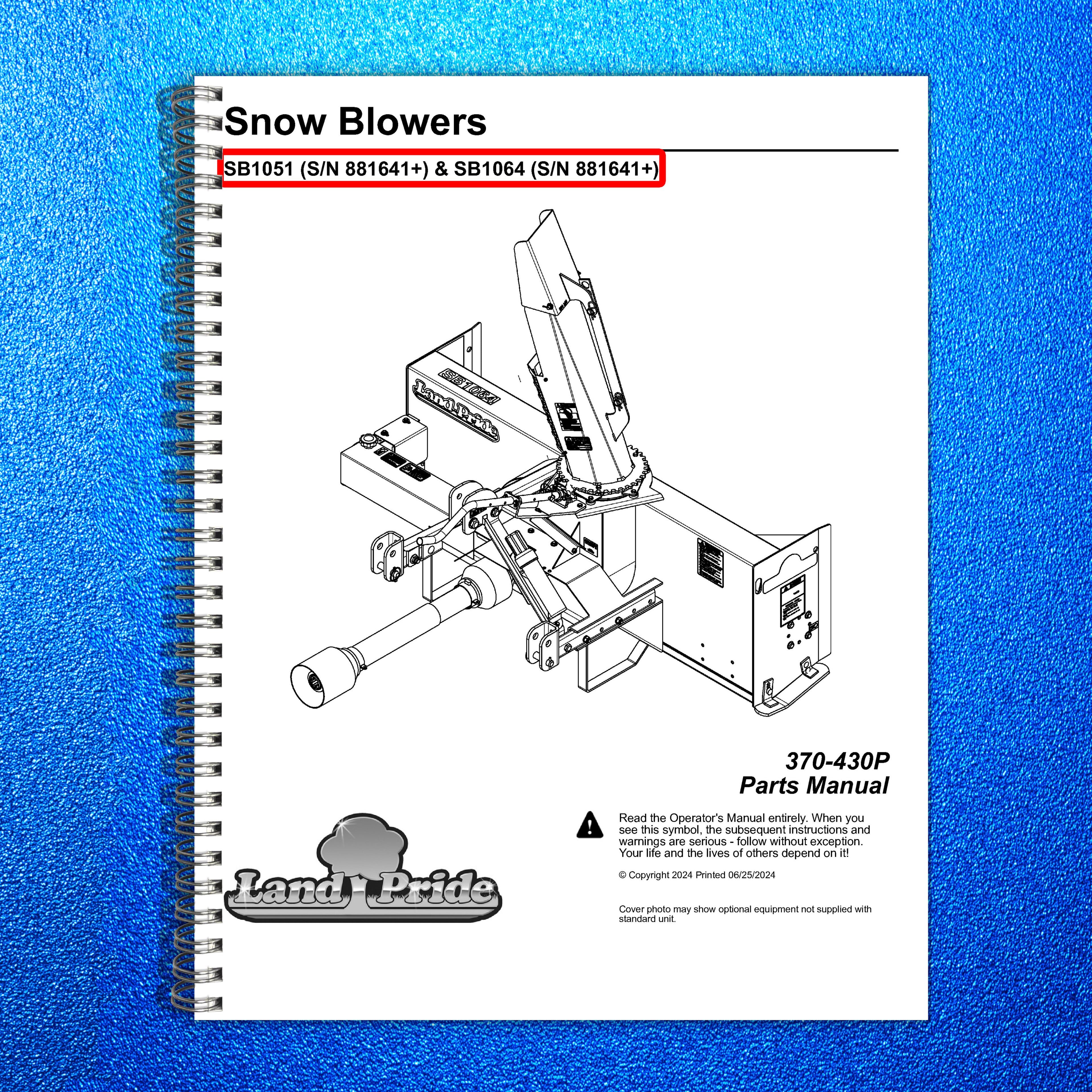 LAND PRIDE SB10 Series Snow Blowers Parts Manual 2024 - WIRE BOUND - COVERS