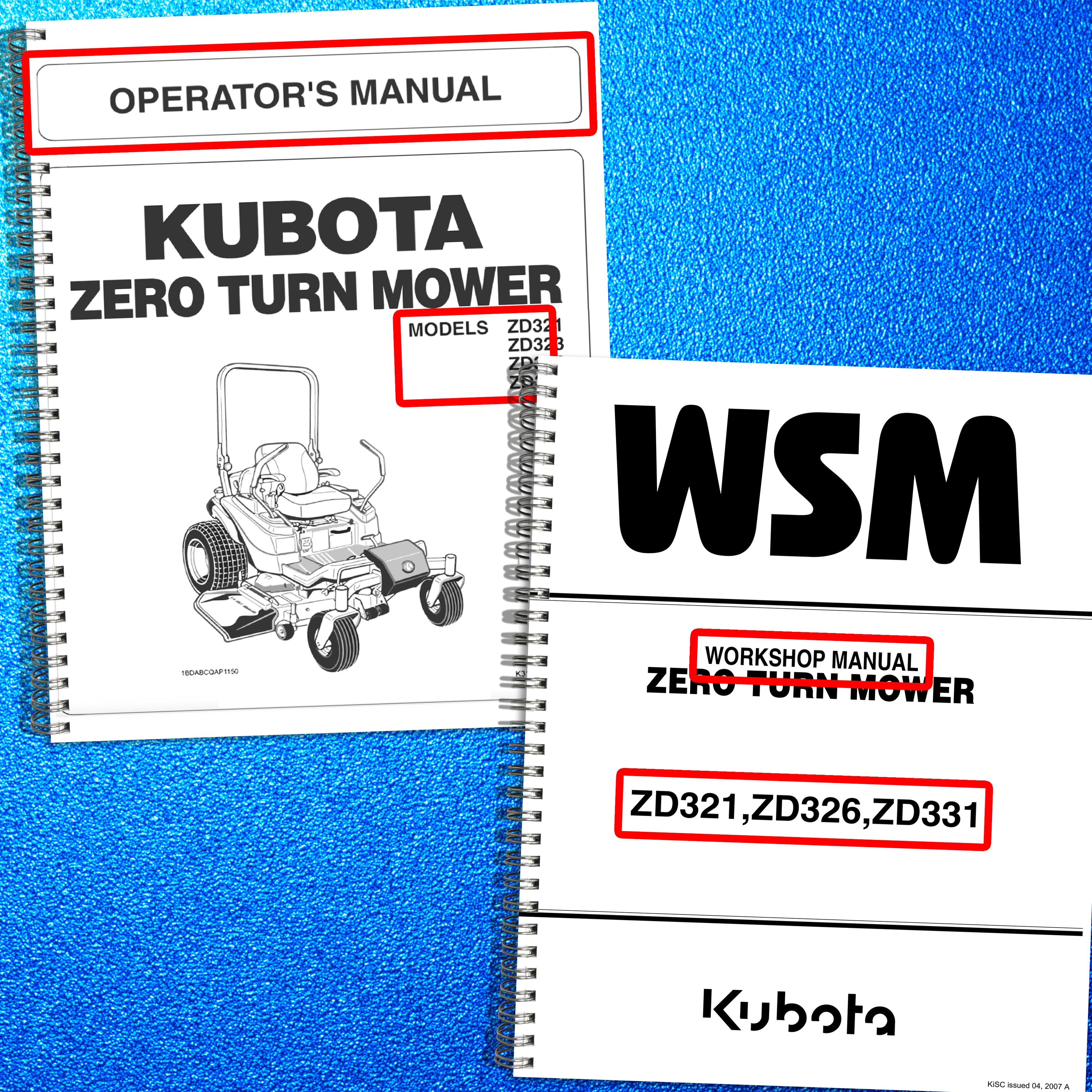 KUBOTA ZD321 ZD323 ZD326 ZD331 Operators & Service Manual BUNDLE - WIRE BOUND