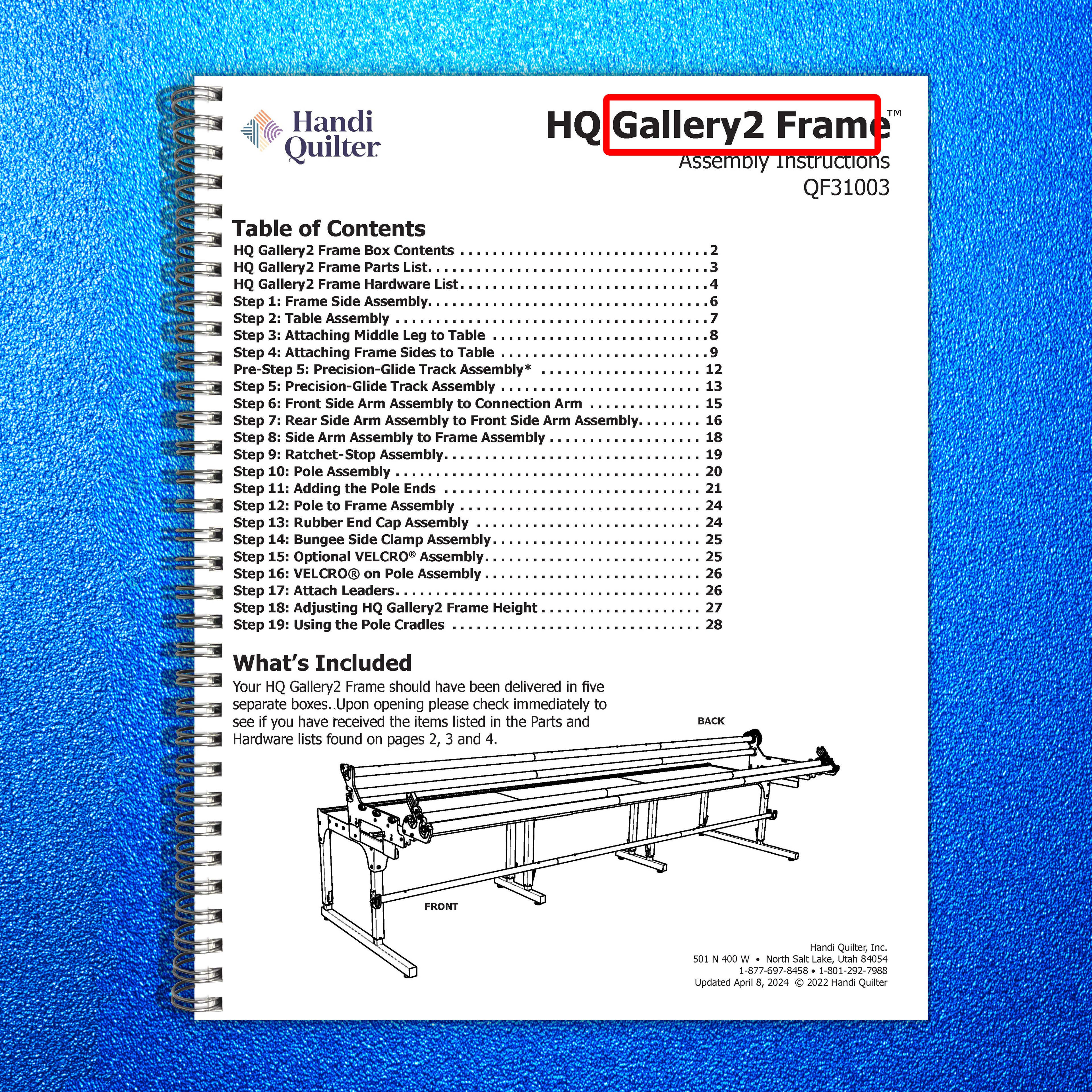 HANDI QUILTER Gallery2 Frame Assembly Manual 2024 - WIRE BOUND - TOUGH COVERS