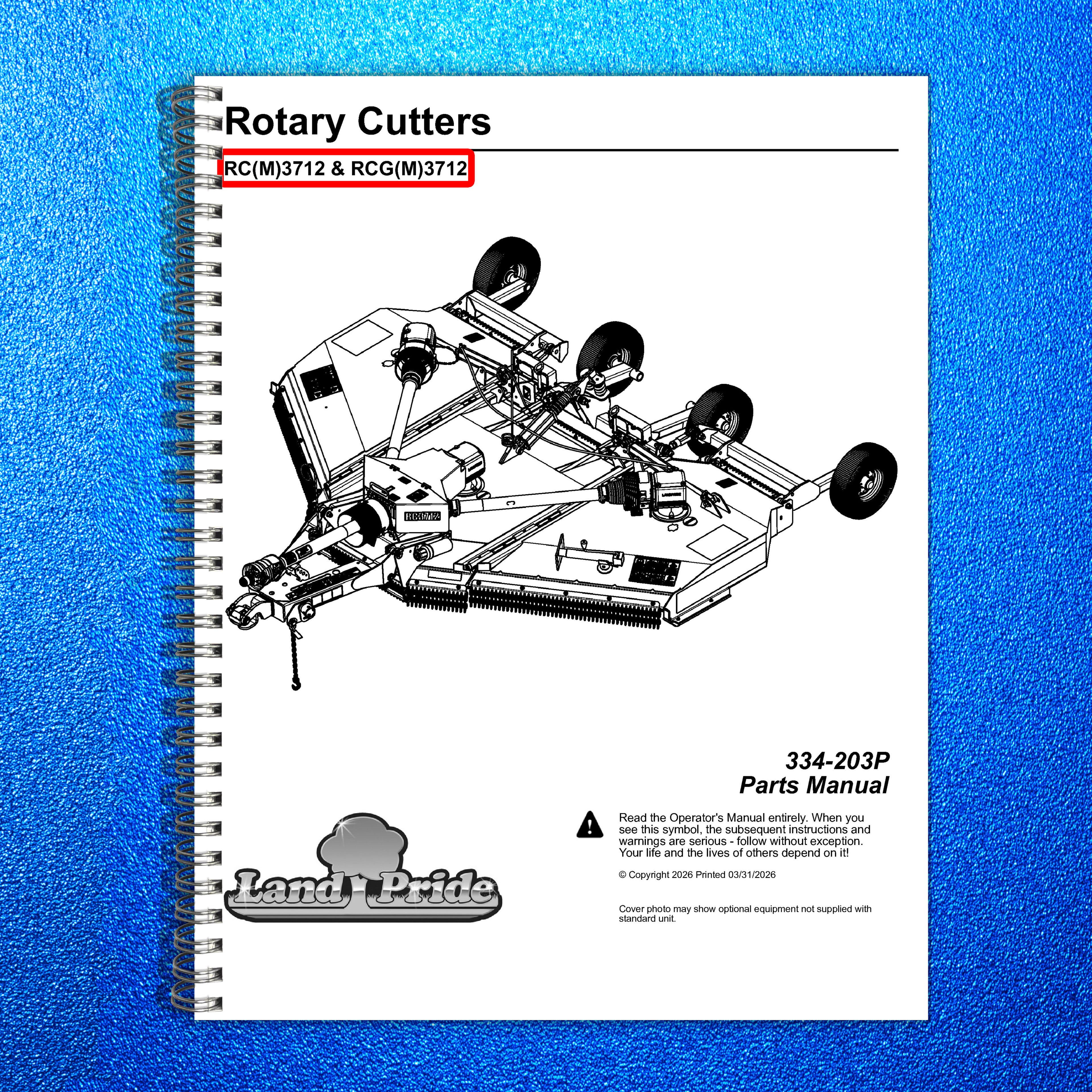 LAND PRIDE RC3712 RCM3712 Rotary Cutters Parts Manual 2026 - WIRE BOUND - COVERS