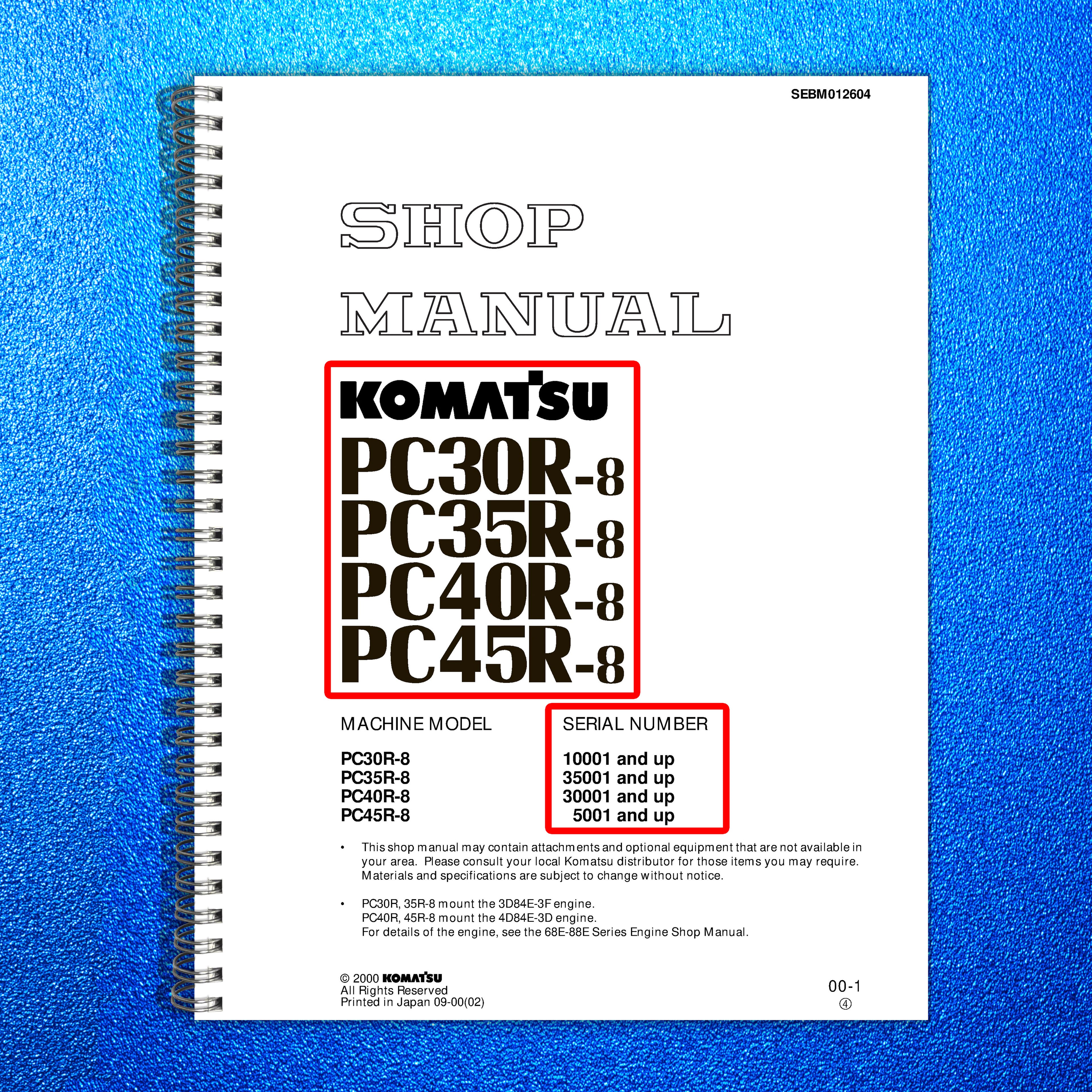 KOMATSU PC30R-8 PC35R-8 PC40R-8 PC45R-8 SHOP MANUAL - BOUND - COVERS - FOLDOUTS