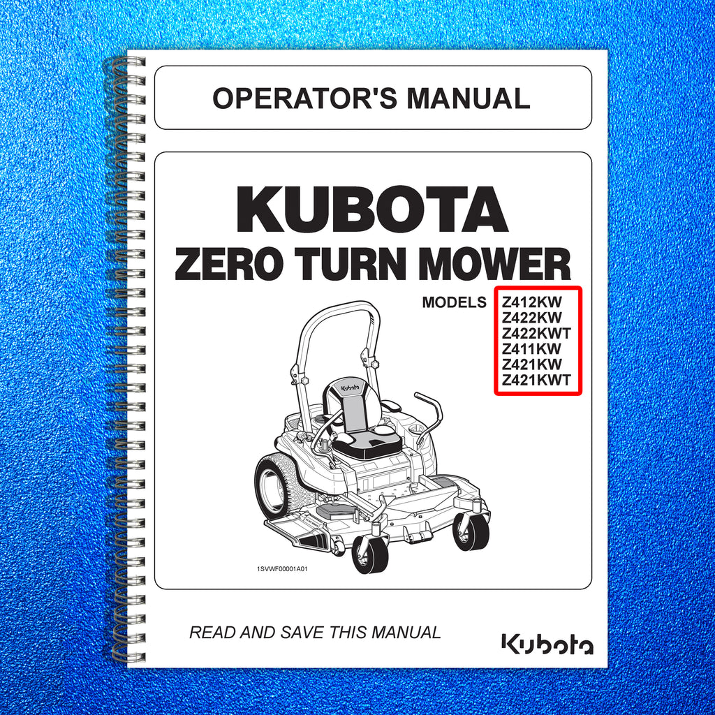 KUBOTA Z412KW Z422 Z421 ZERO TURN MOWER OPERATORS MANUAL - WIRE BOUND, COVERS