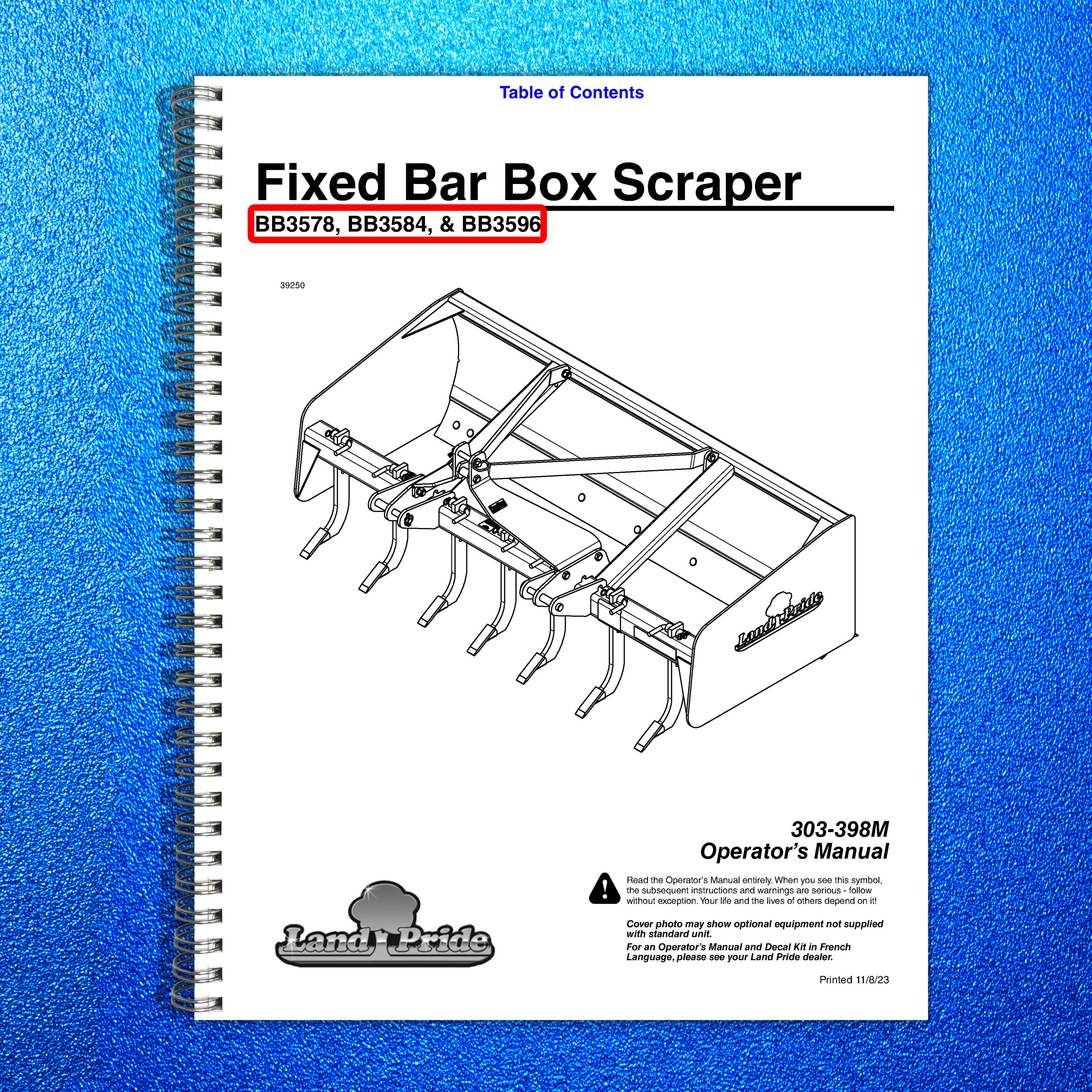 LAND PRIDE BB35 Series Box Scrapers Operators Manual - WIRE BOUND - TOUGH COVERS
