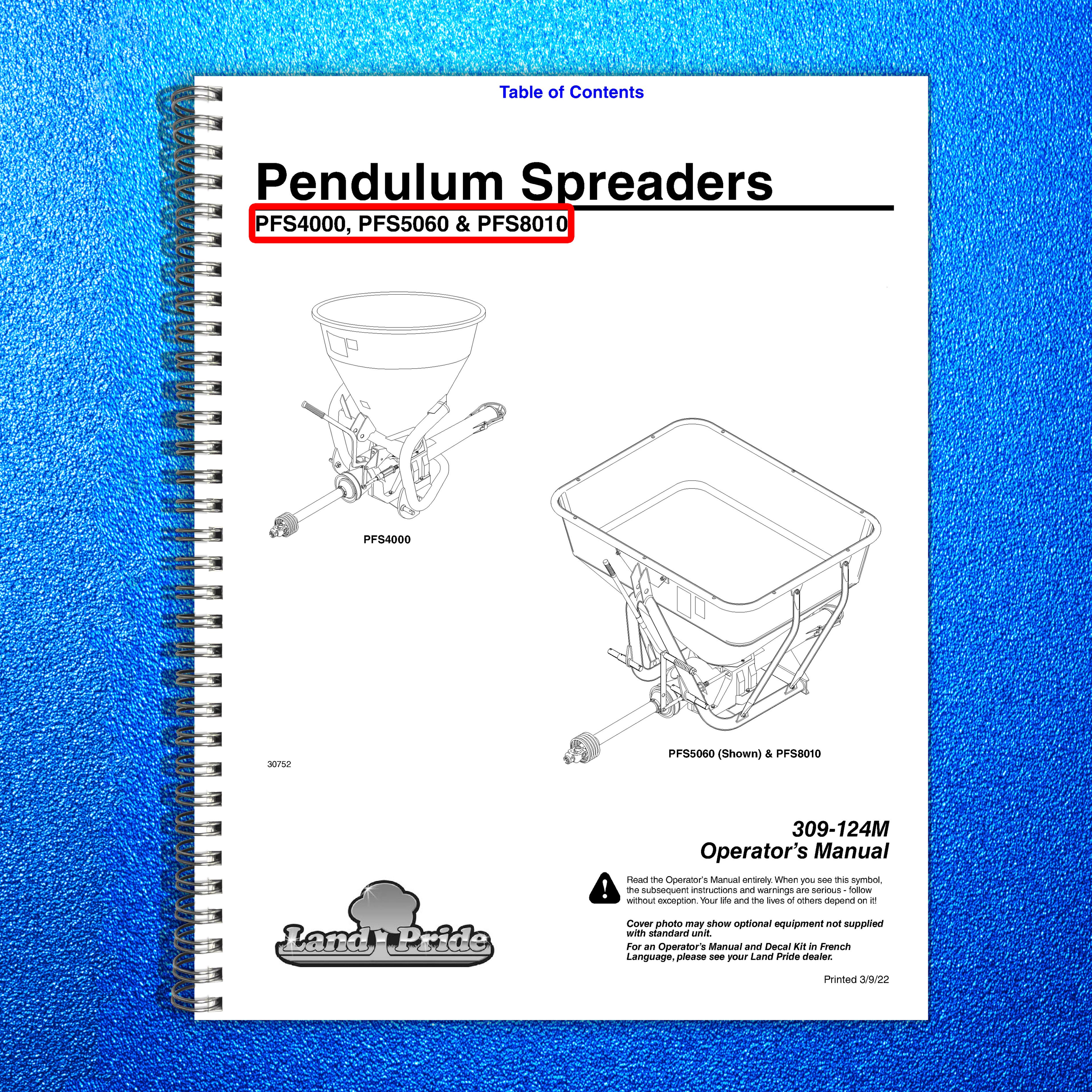 LAND PRIDE PFS Series Spreaders Operators Manual - WIRE BOUND - TOUGH COVERS