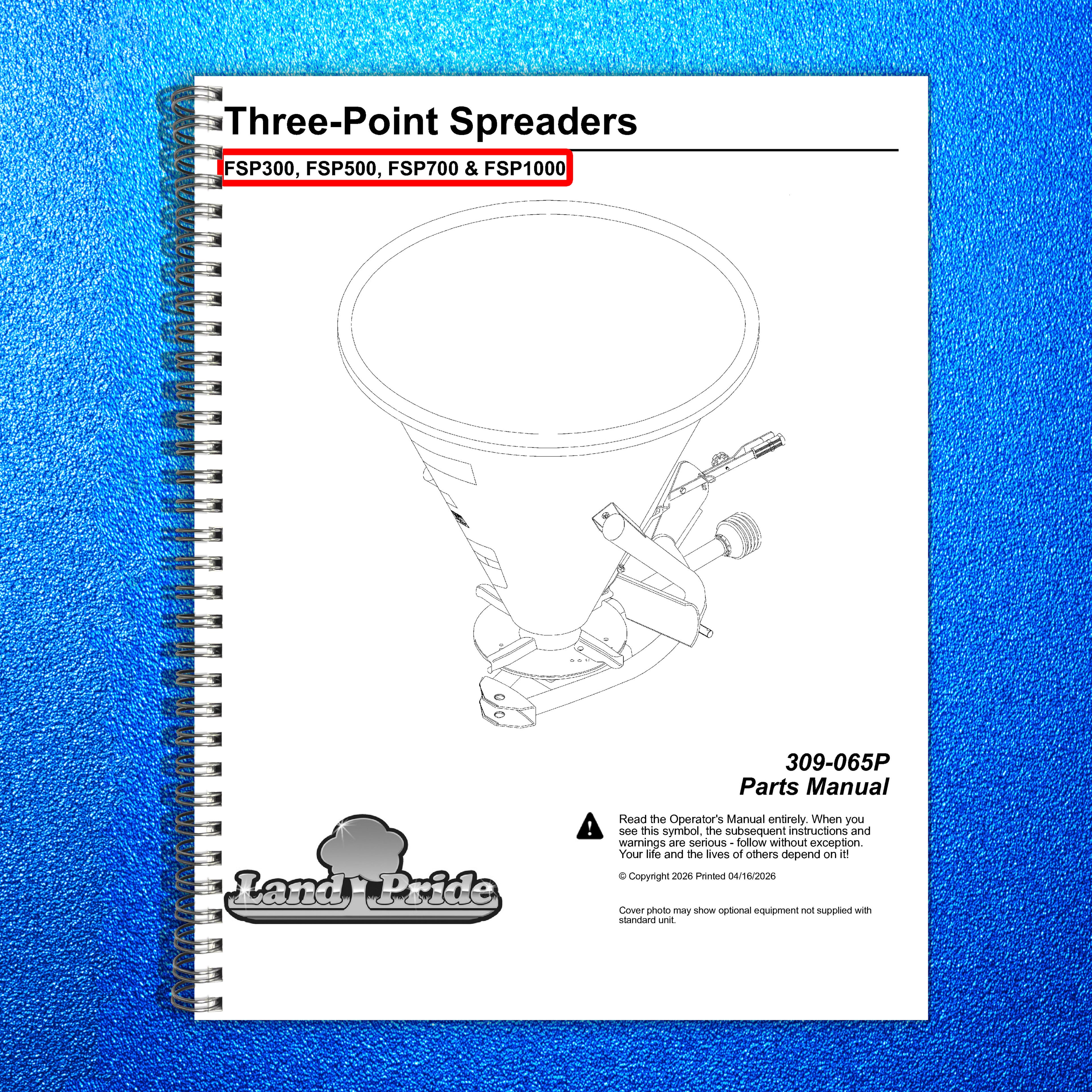 LAND PRIDE FSP Series Spreaders Parts Manual 2026 - WIRE BOUND - TOUGH COVERS
