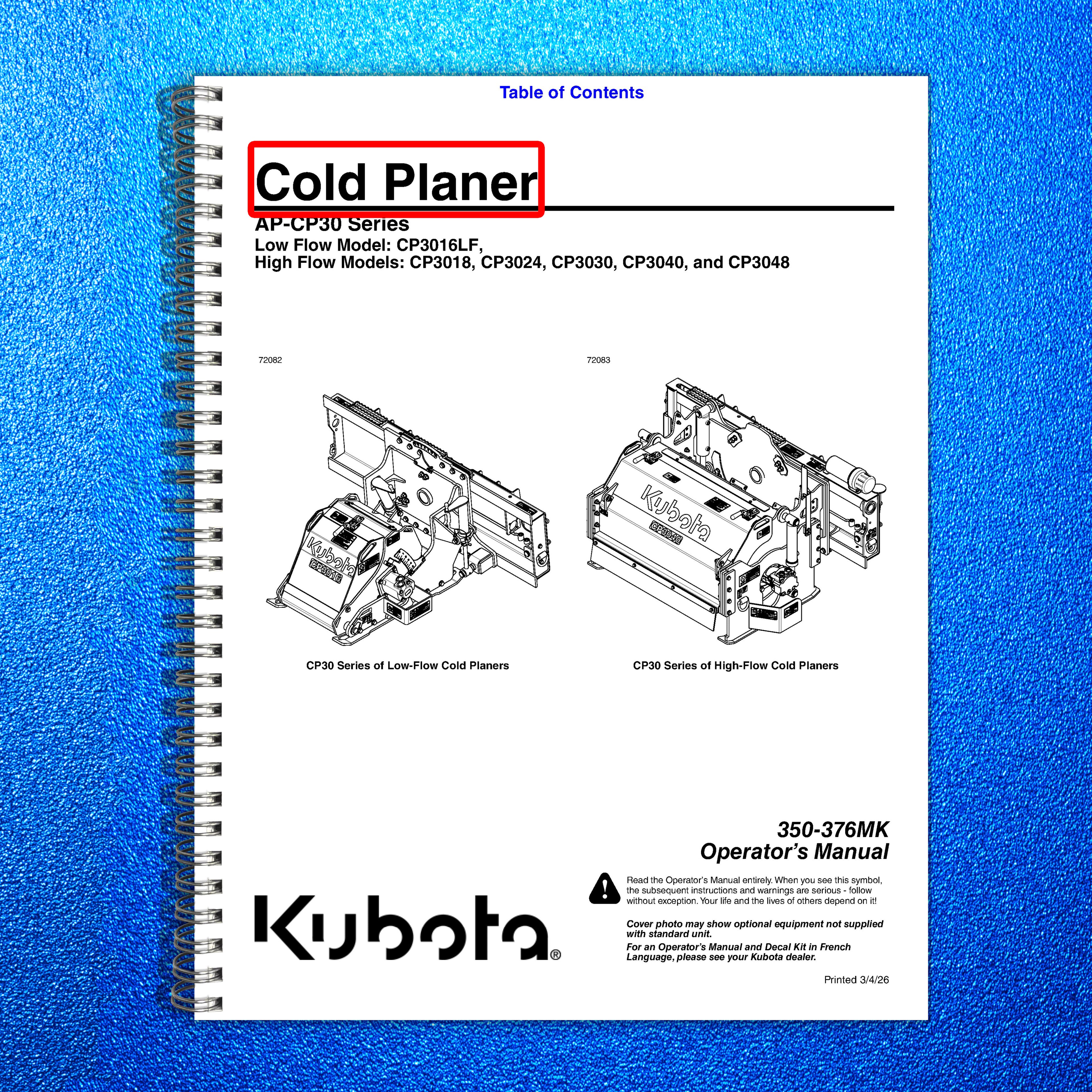 LAND PRIDE CP30 Series Cold Planers Operators Manual - WIRE BOUND - TOUGH COVERS