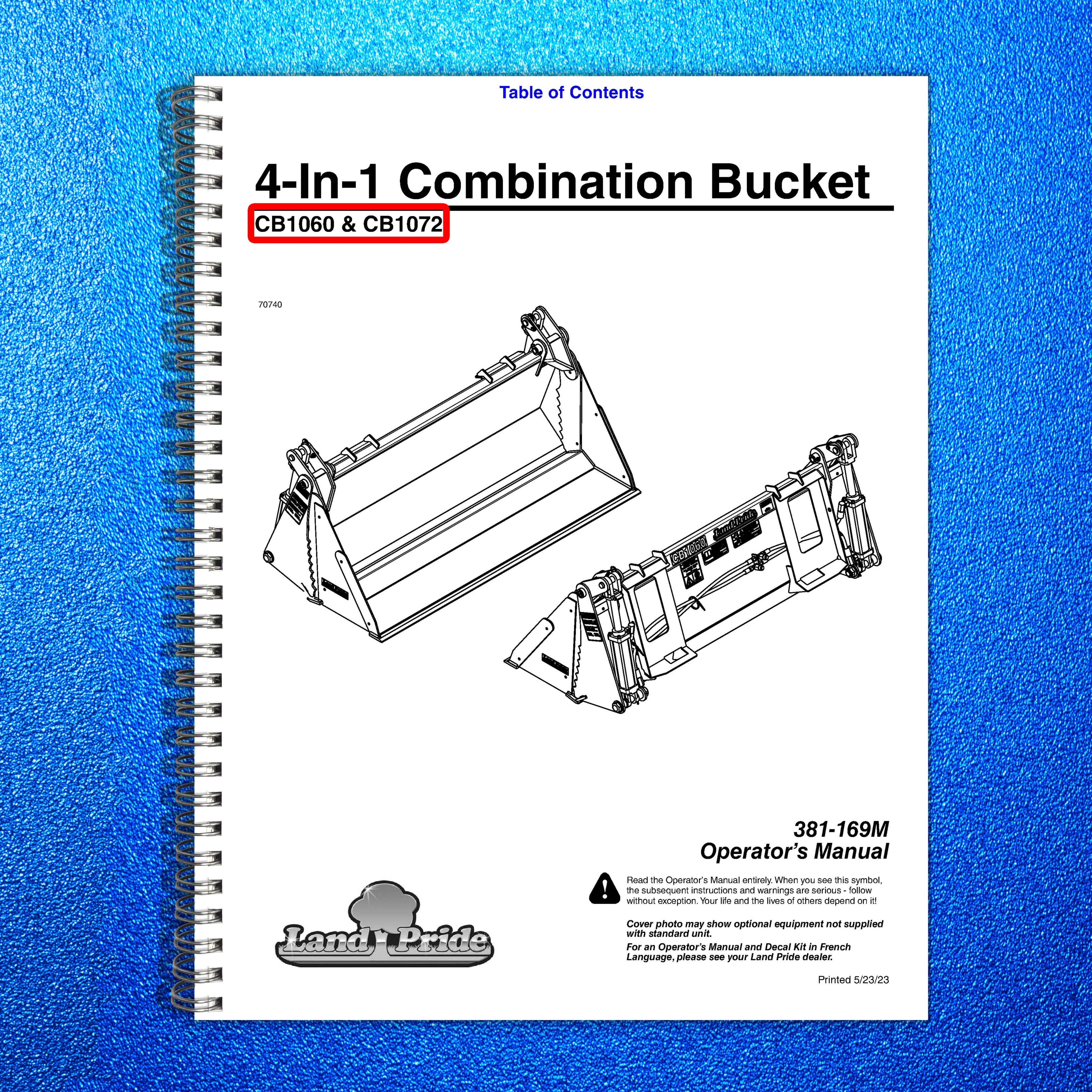 LAND PRIDE CB10 Series Combination Bucket Operators Manual - WIRE BOUND - COVERS