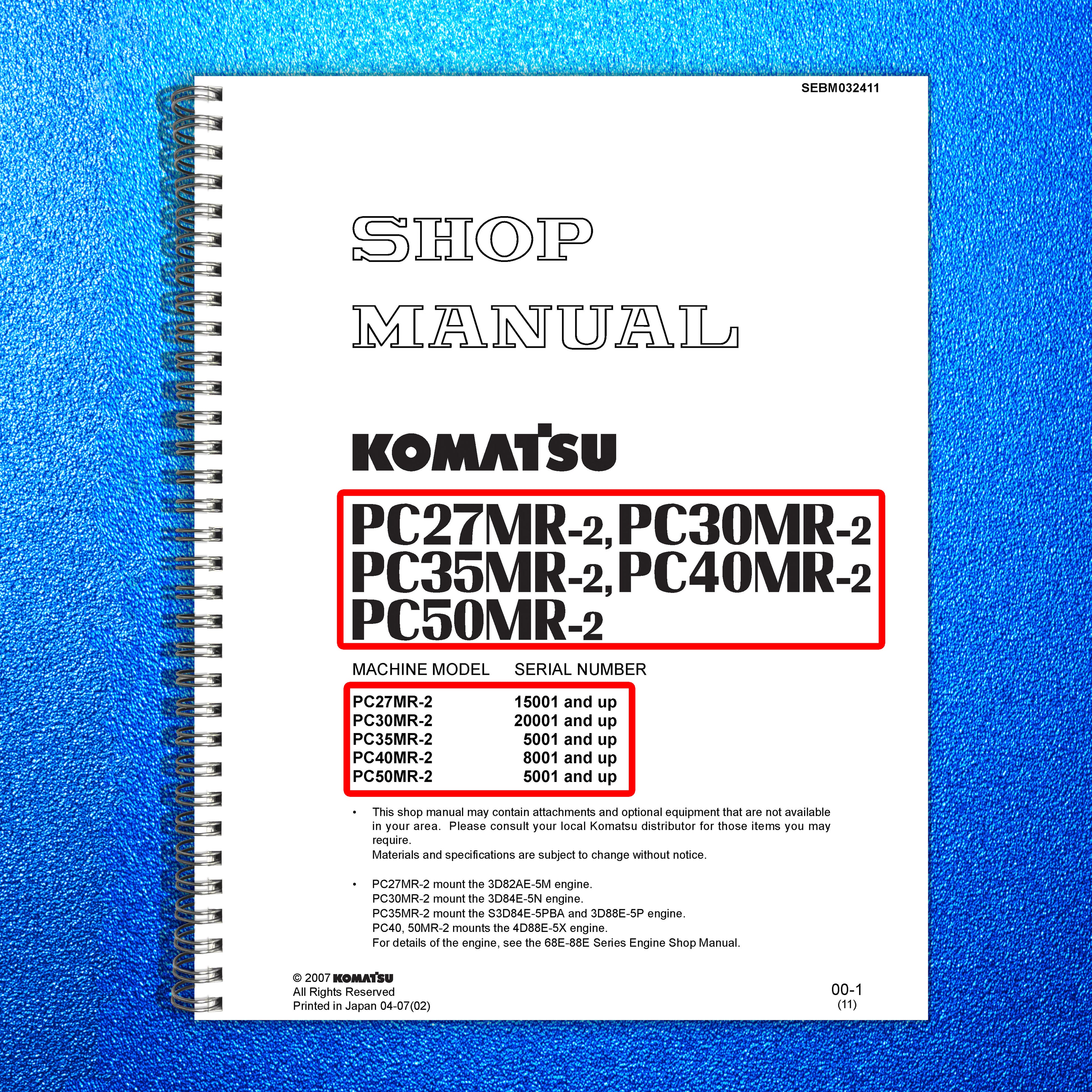 KOMATSU 2007 PC27MR-2 PC30MR-2 PC35MR-2 PC40MR-2 PC50MR-2 Workshop Manual