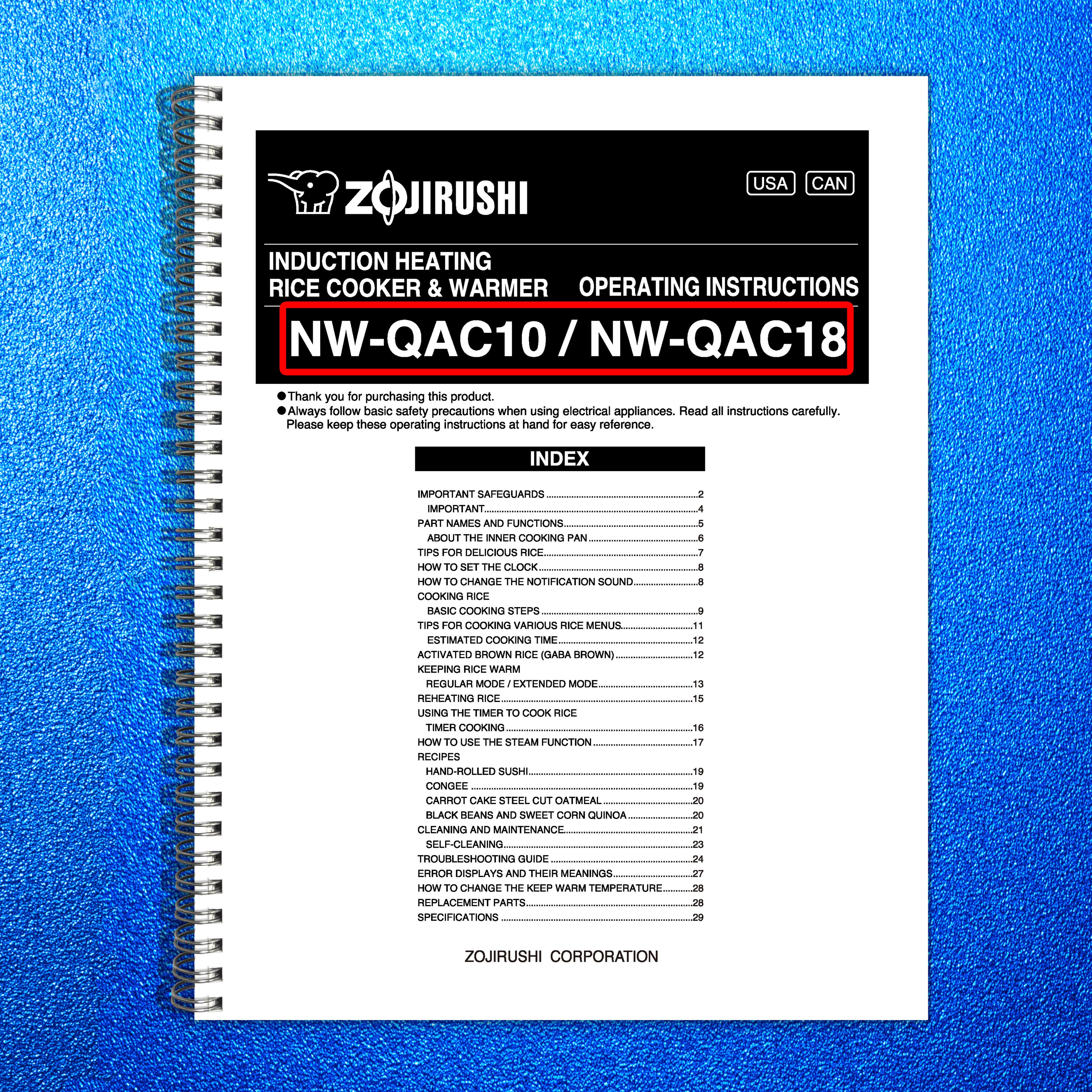 ZOJIRUSHI NW-QAC10 18 Induction Heating Rice Operating Instructions Manual