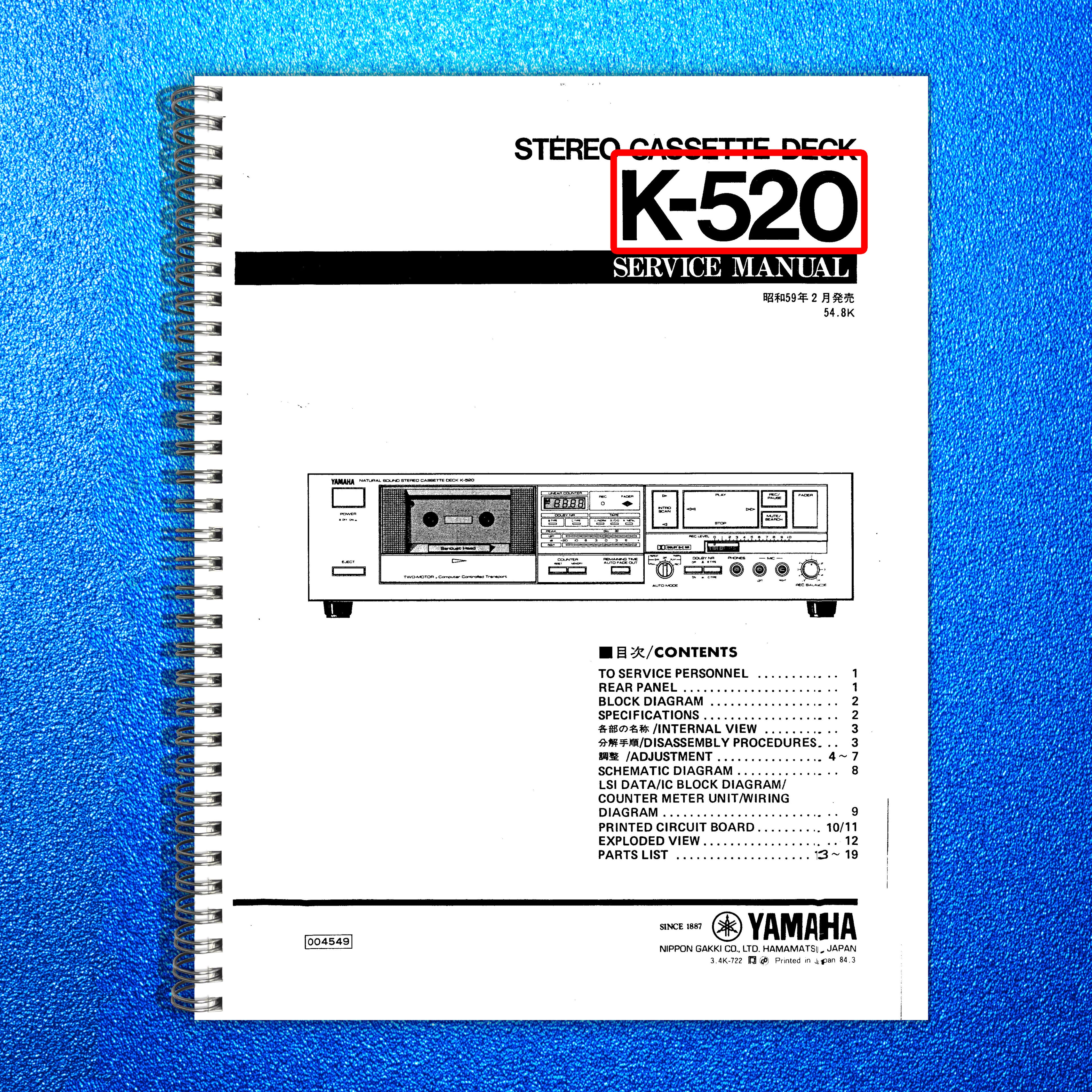 YAMAHA K-520 Stereo Cassette Deck Service Manual 1984, BOUND, COVERS, FOLDOUTS