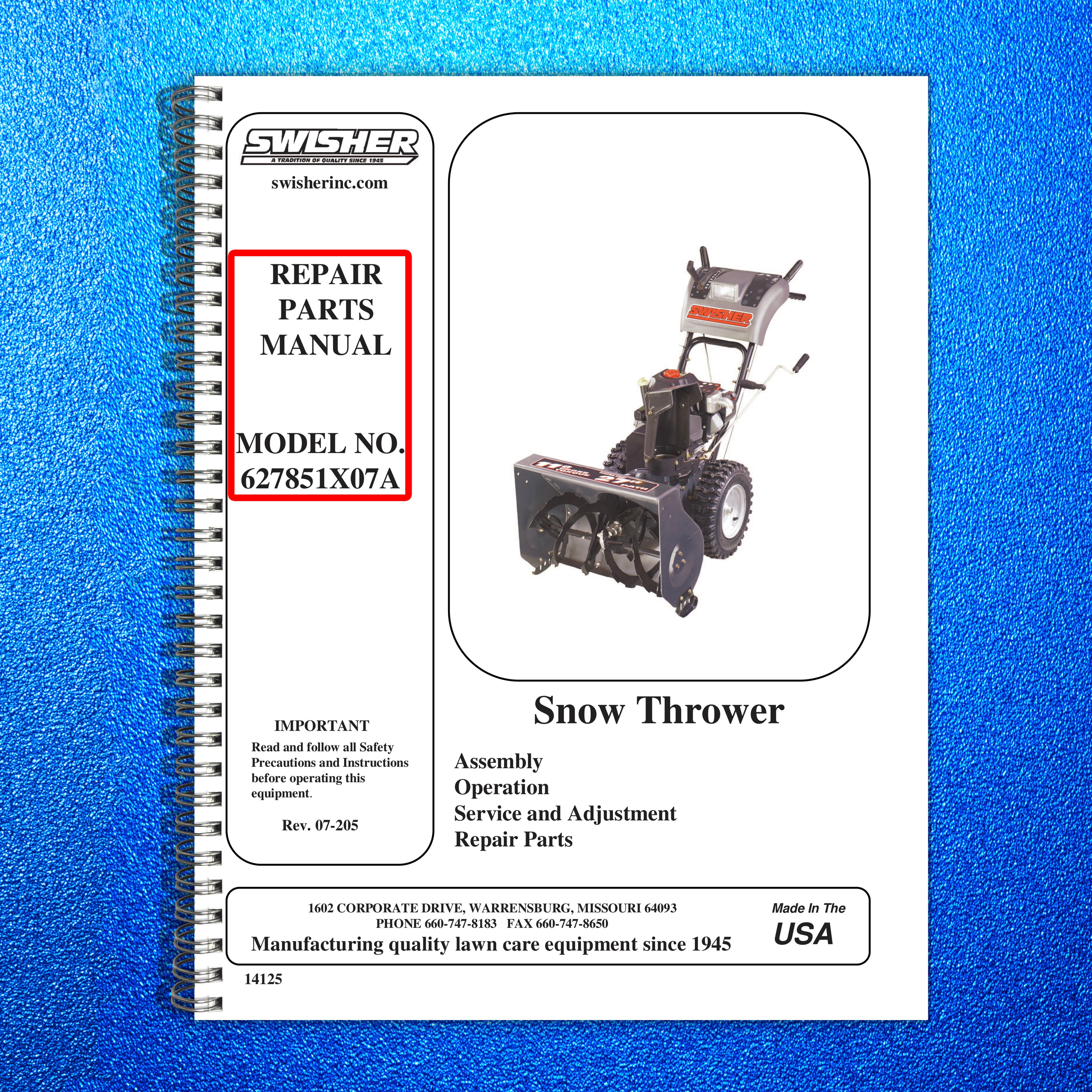 SWISHER 627851X07A Snow Thrower Repair Parts Manual - WIRE BOUND - TOUGH COVERS