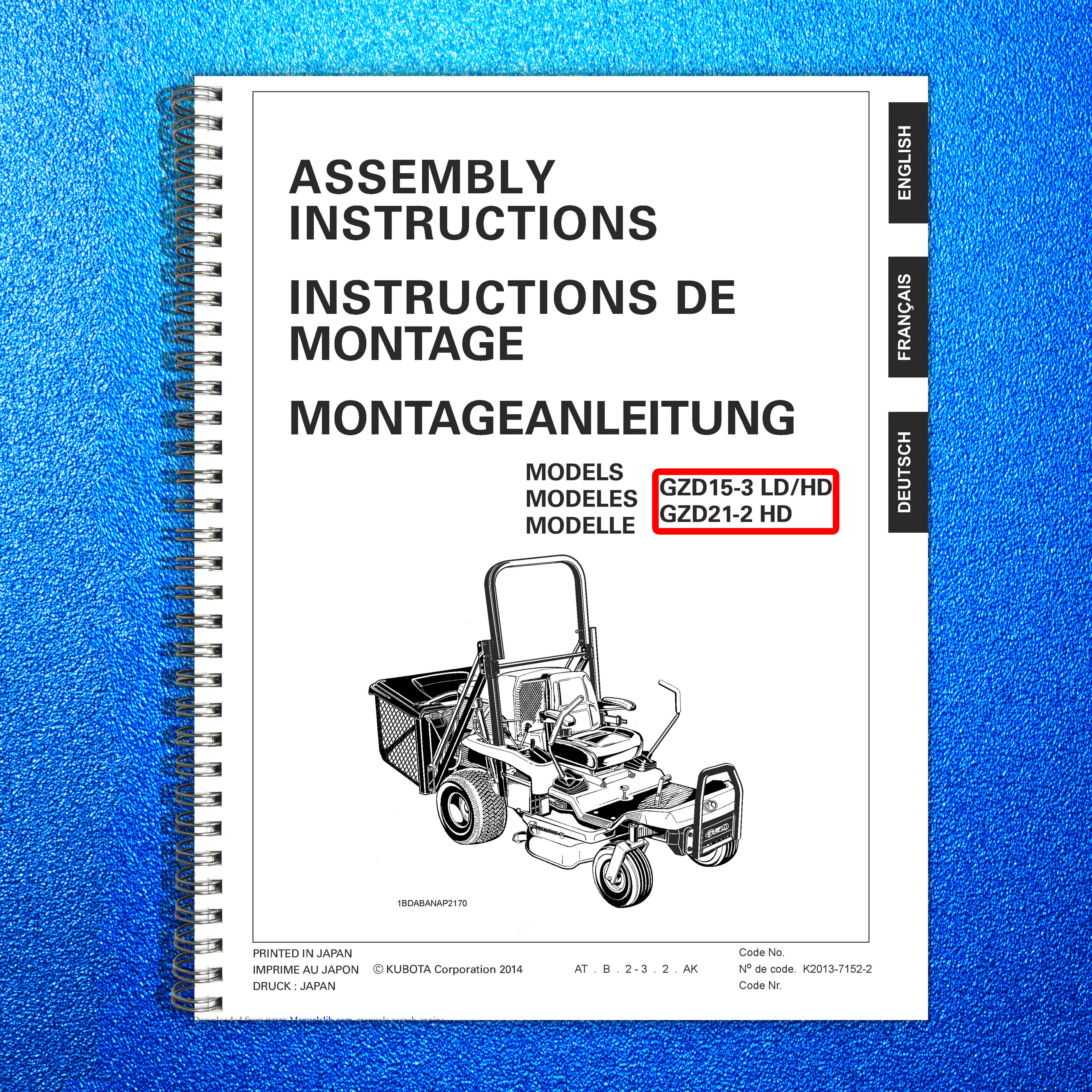 KUBOTA GZD15-3 GZD21-2 Mower Assembly Instructions Manual - WIRE BOUND - COVERS