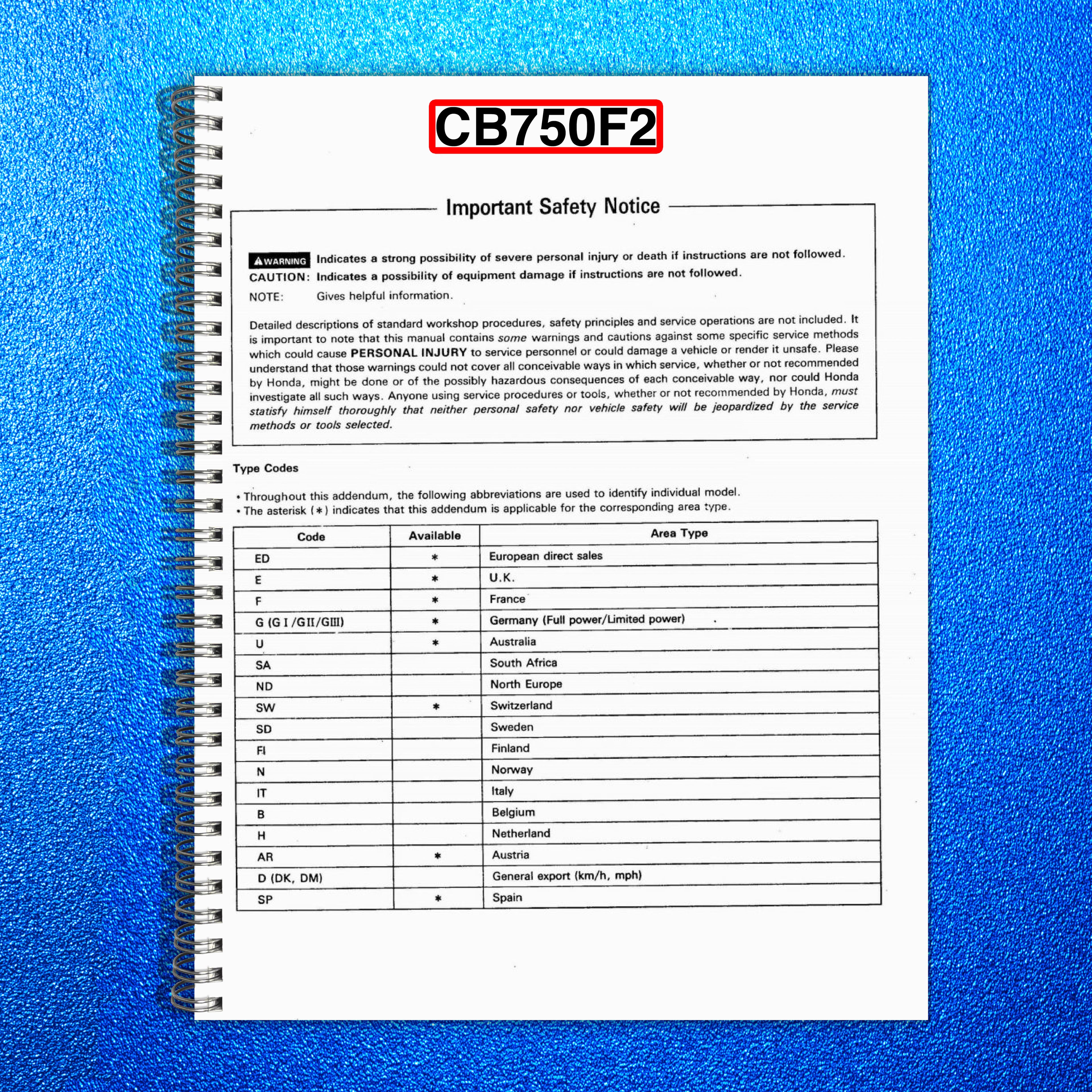 HONDA CB750F2 Motorcycle Service Manual 1992 - STEEL WIRE BOUND - TOUGH COVERS