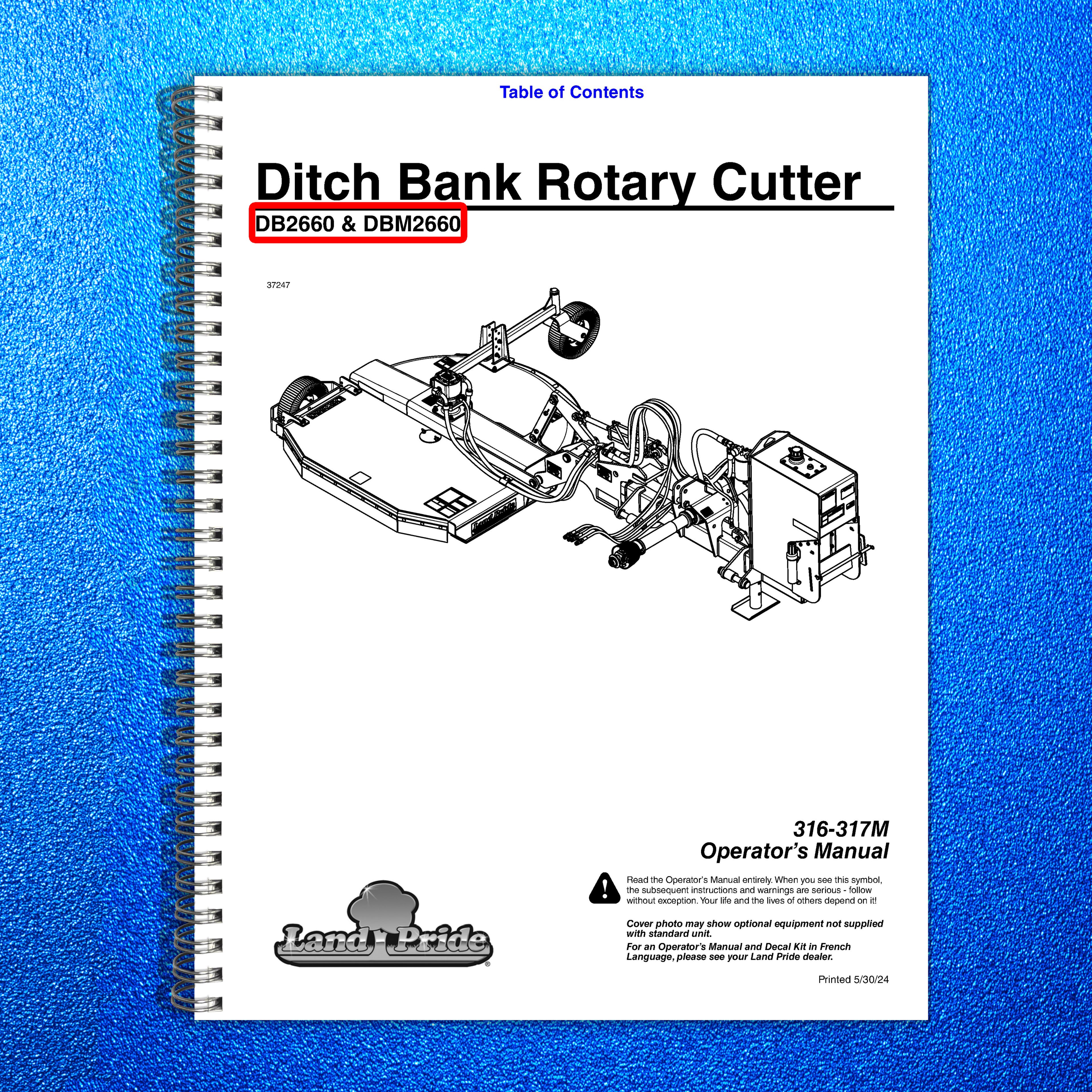LAND PRIDE DB26 Series Ditch Bank Cutter Operators Manual - WIRE BOUND - COVERS