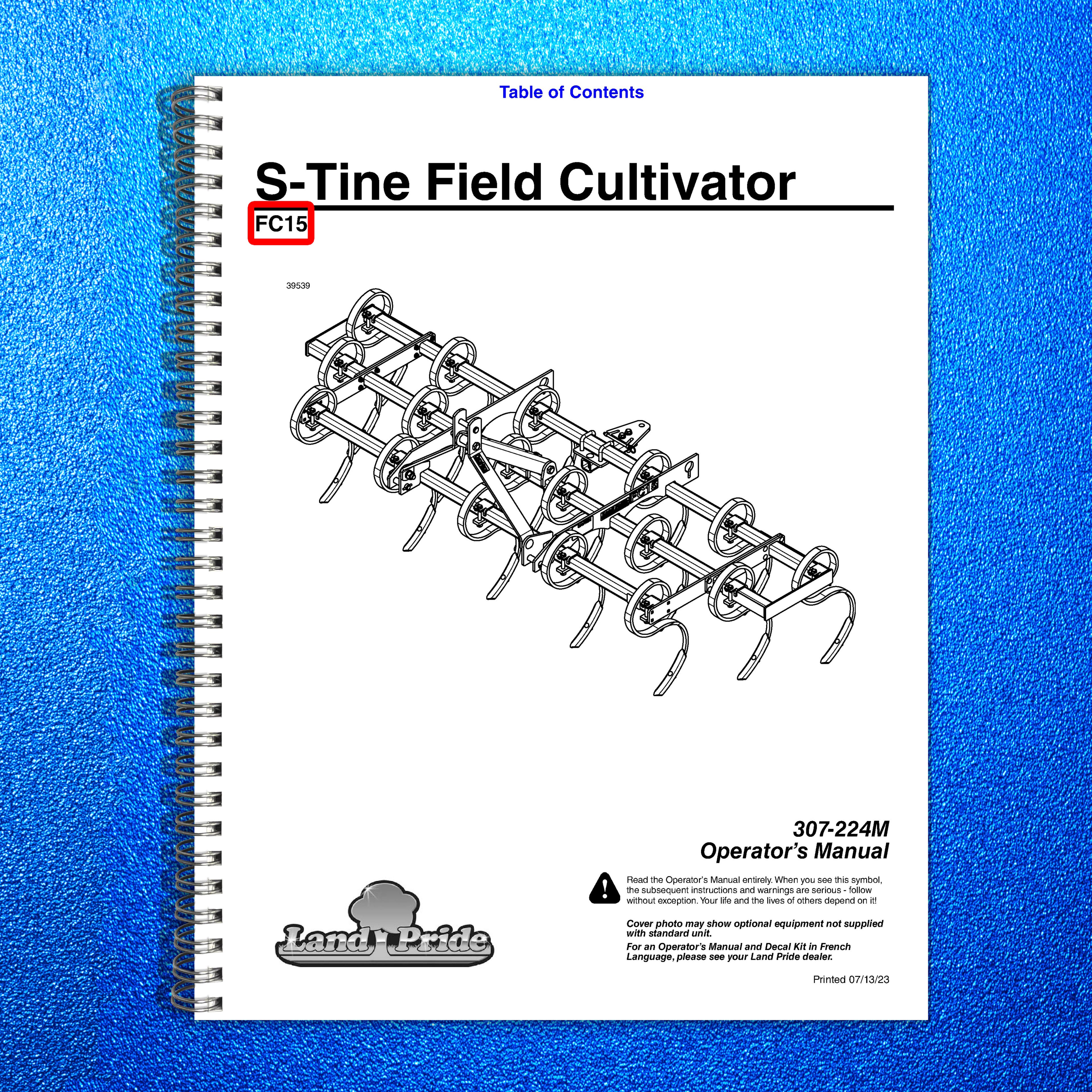 LAND PRIDE FC15 Series Field Cultivator Operators Manual - WIRE BOUND - COVERS