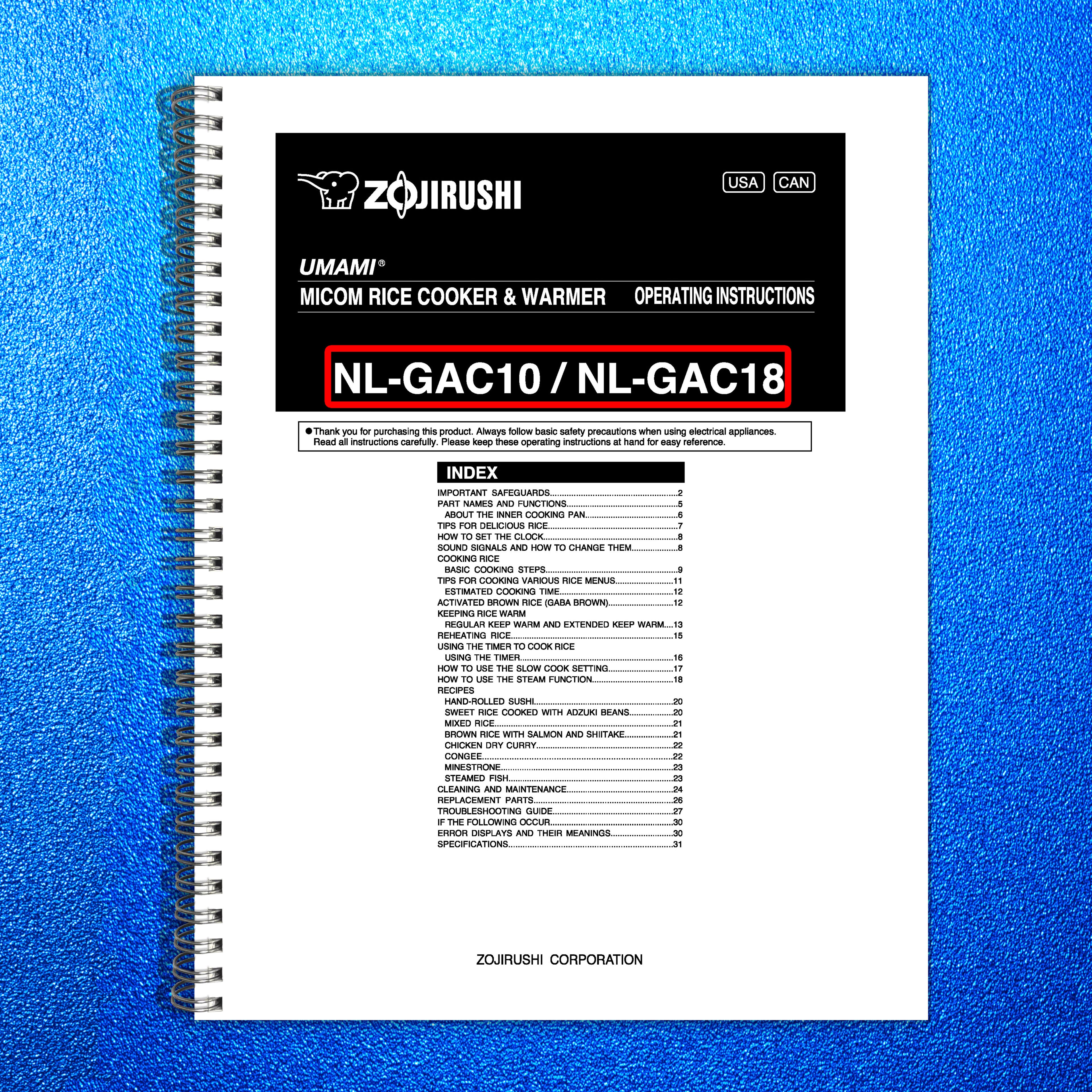 ZOJIRUSHI NL-GAC10 18 Umami Micom Rice Cooker Operating Instructions Manual