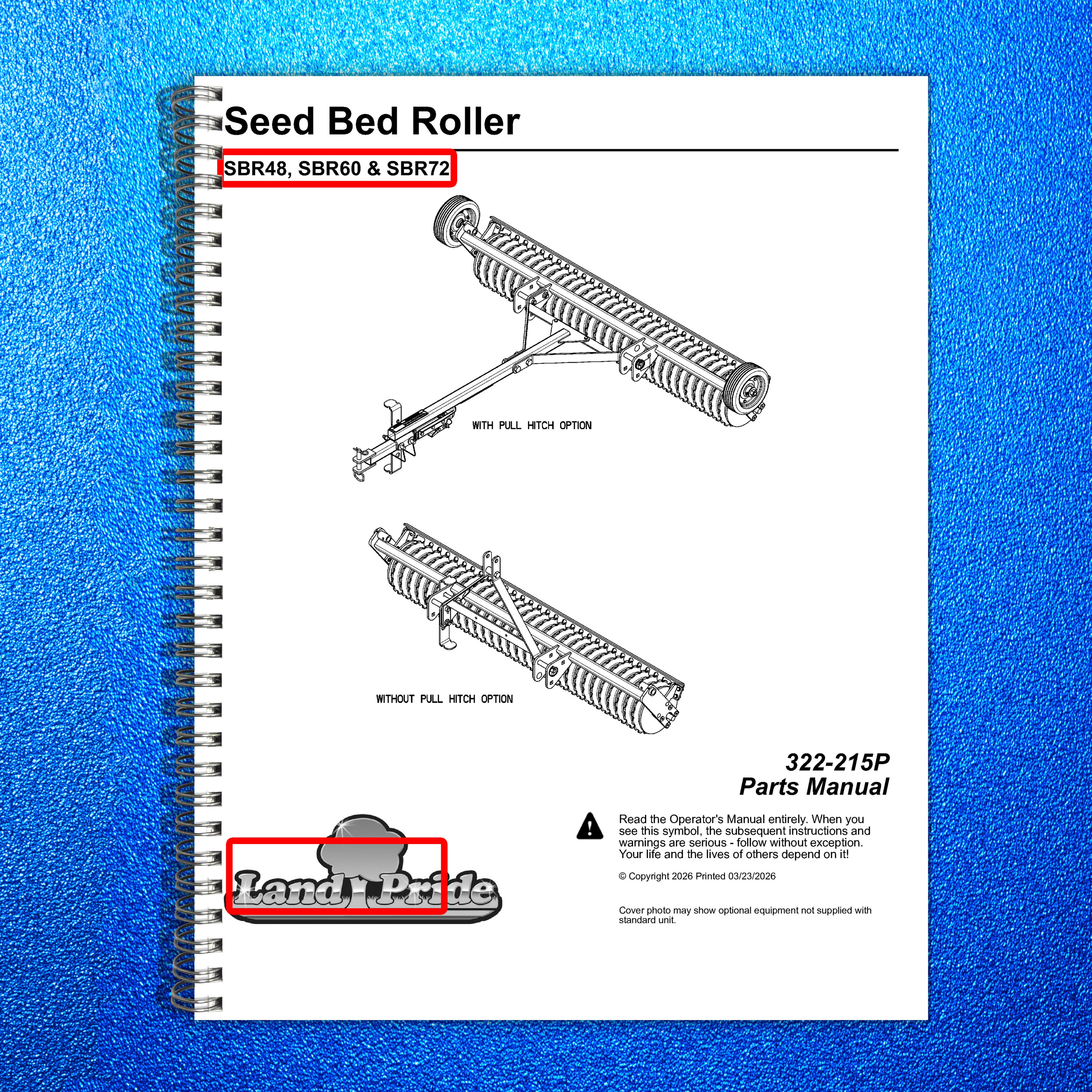 LAND PRIDE SBR Series Seed Bed Rollers Parts Manual 2026 - WIRE BOUND - COVERS