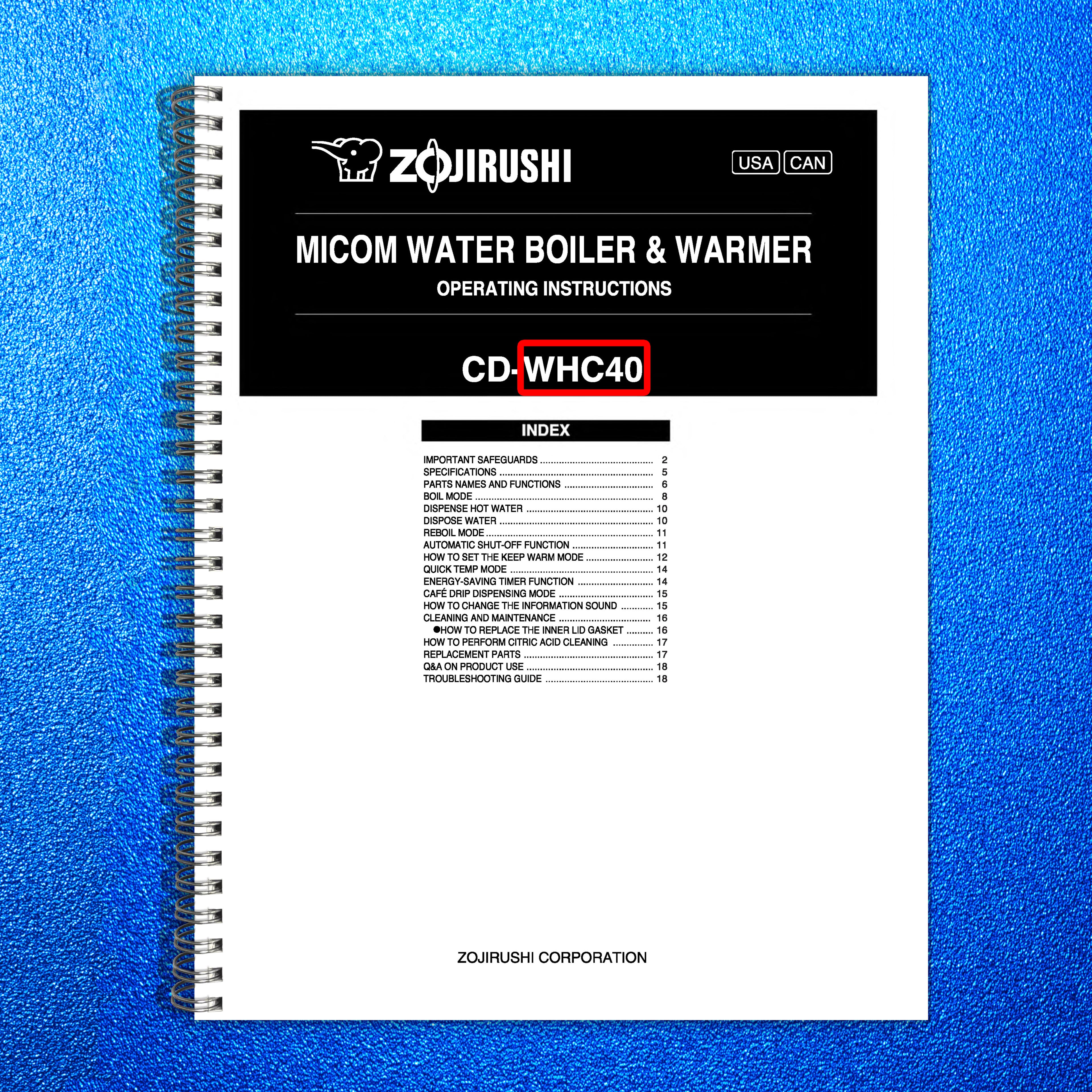 ZOJIRUSHI CD-WHC40 Micom Water Boiler  Operating Instructions Manual - BOUND