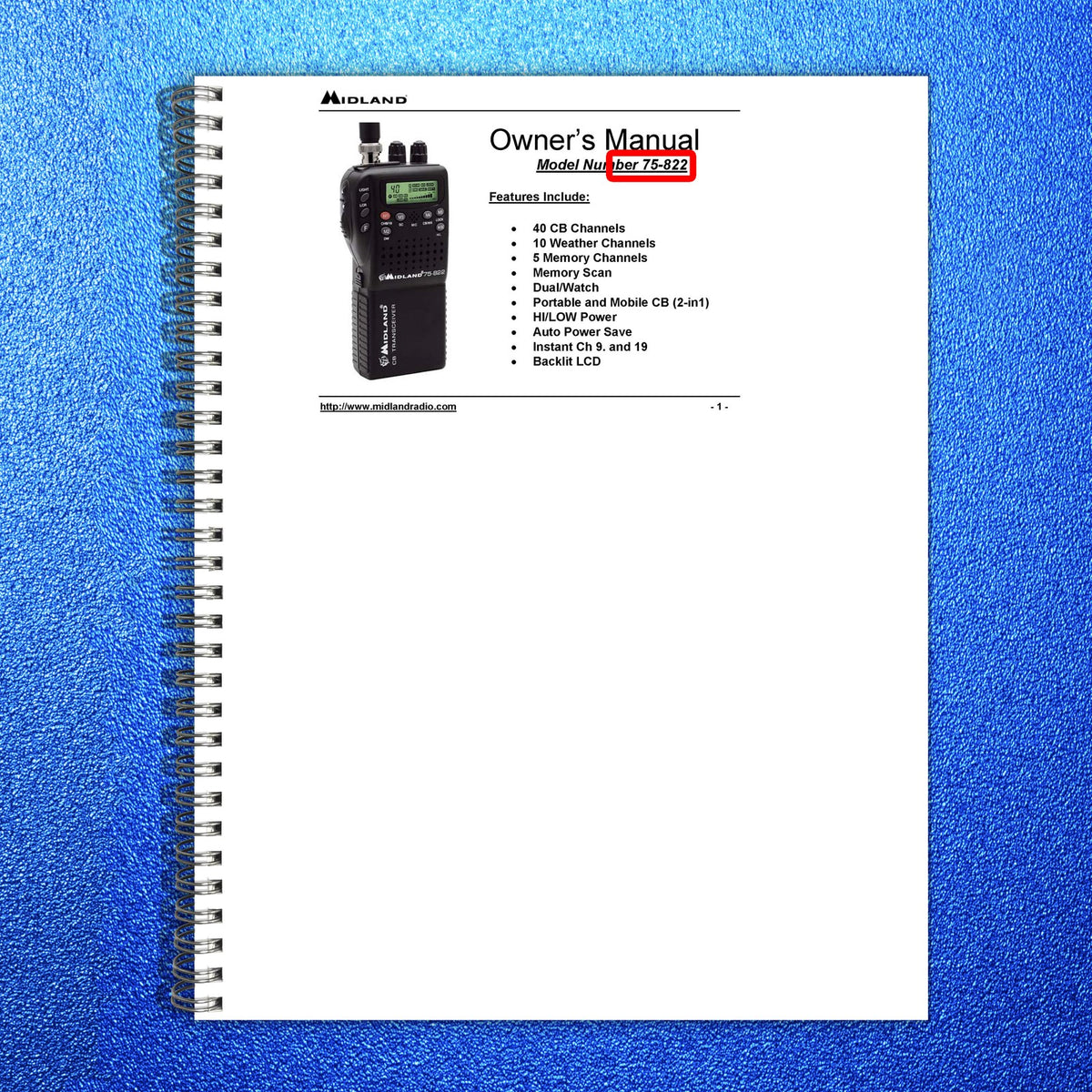 MIDLAND 75-822 CB Radio Owners Manual - STEEL WIRE BOUND - PROTECTIVE COVERS