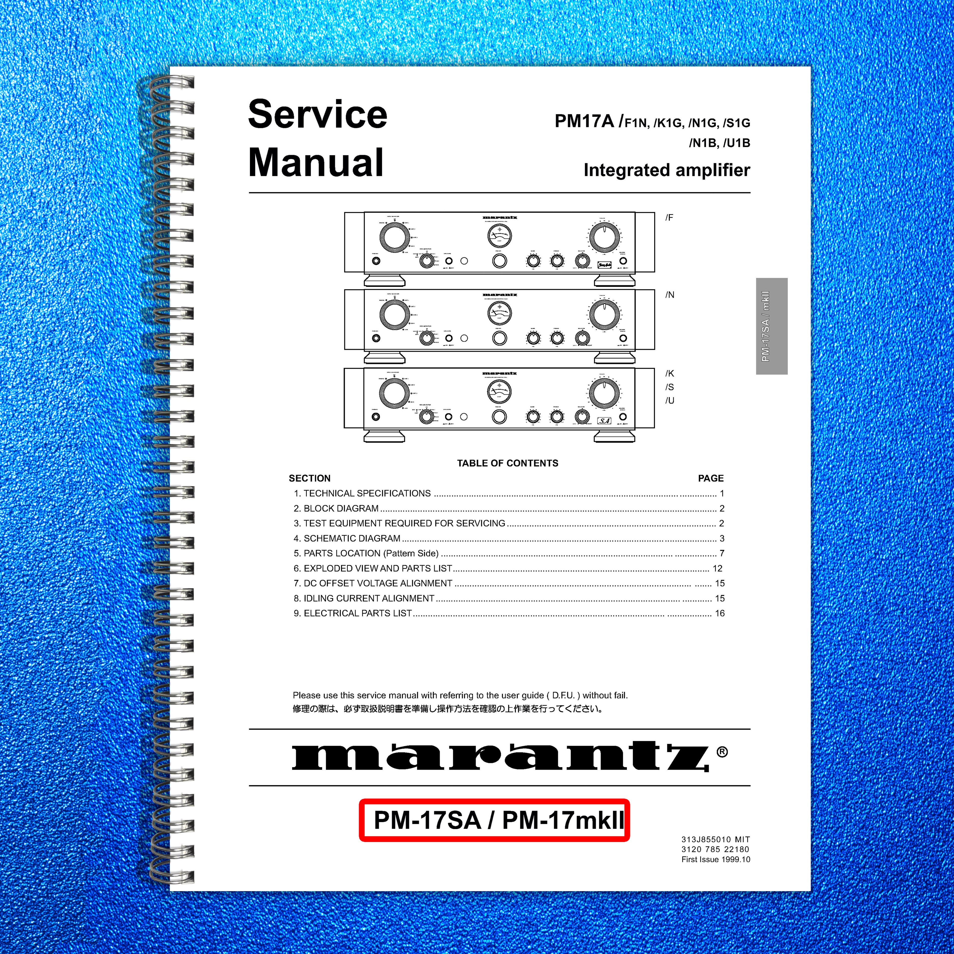 MARANTZ PM-17SA PM-17mkII Integrated Amplifier Service Manual 1999 - WIRE BOUND