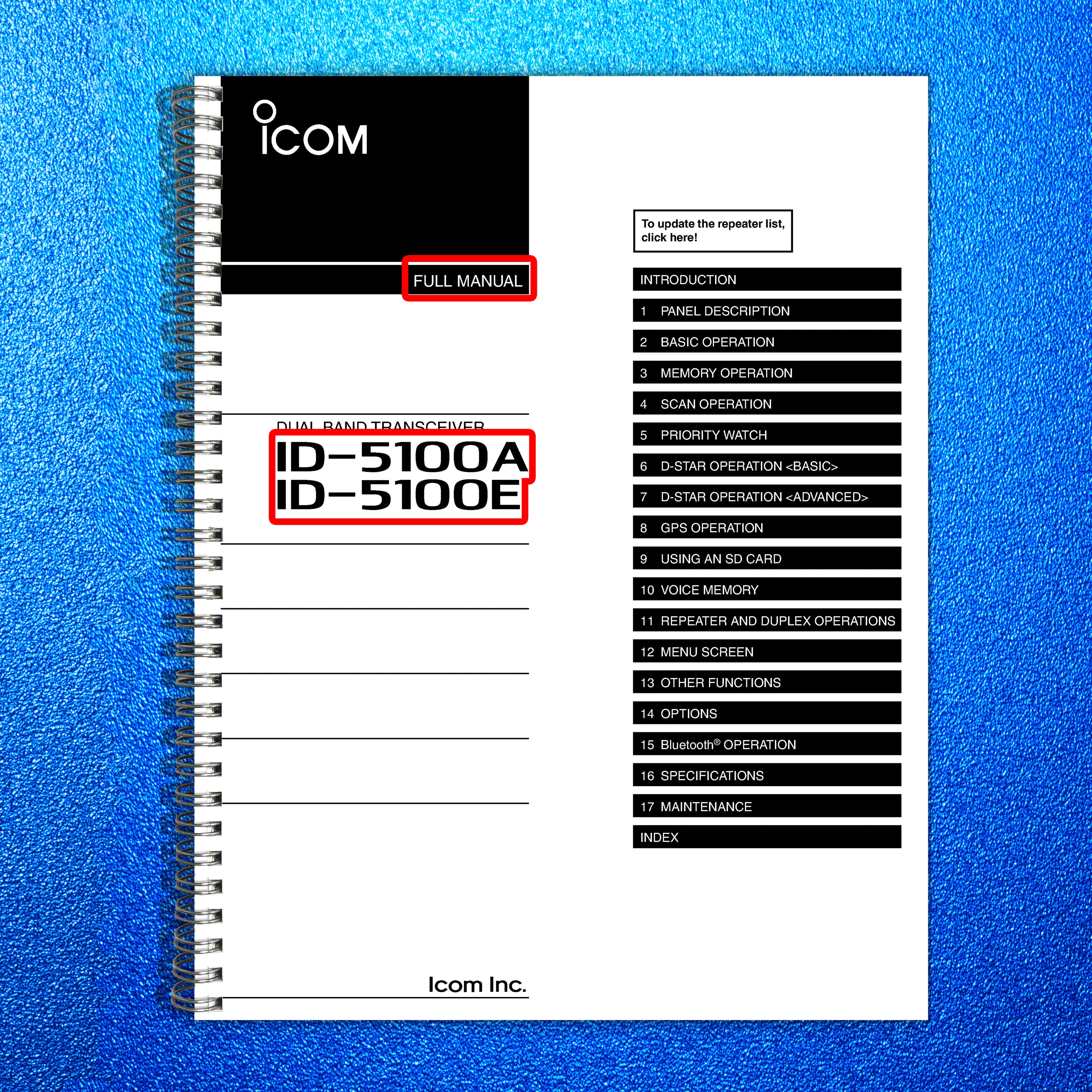 ICOM ID-5100A ID-5100E Dual Band Transceiver Full Manual - WIRE BOUND - COVERS