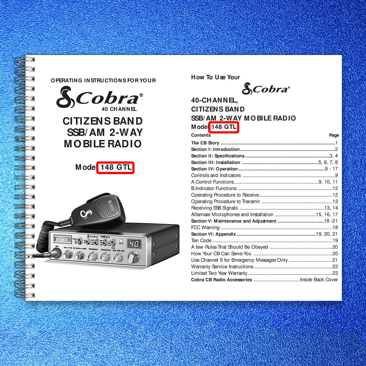 COBRA 148 GTL CB Radio Operating Instructions Manual - WIRE BOUND - TOUGH COVERS