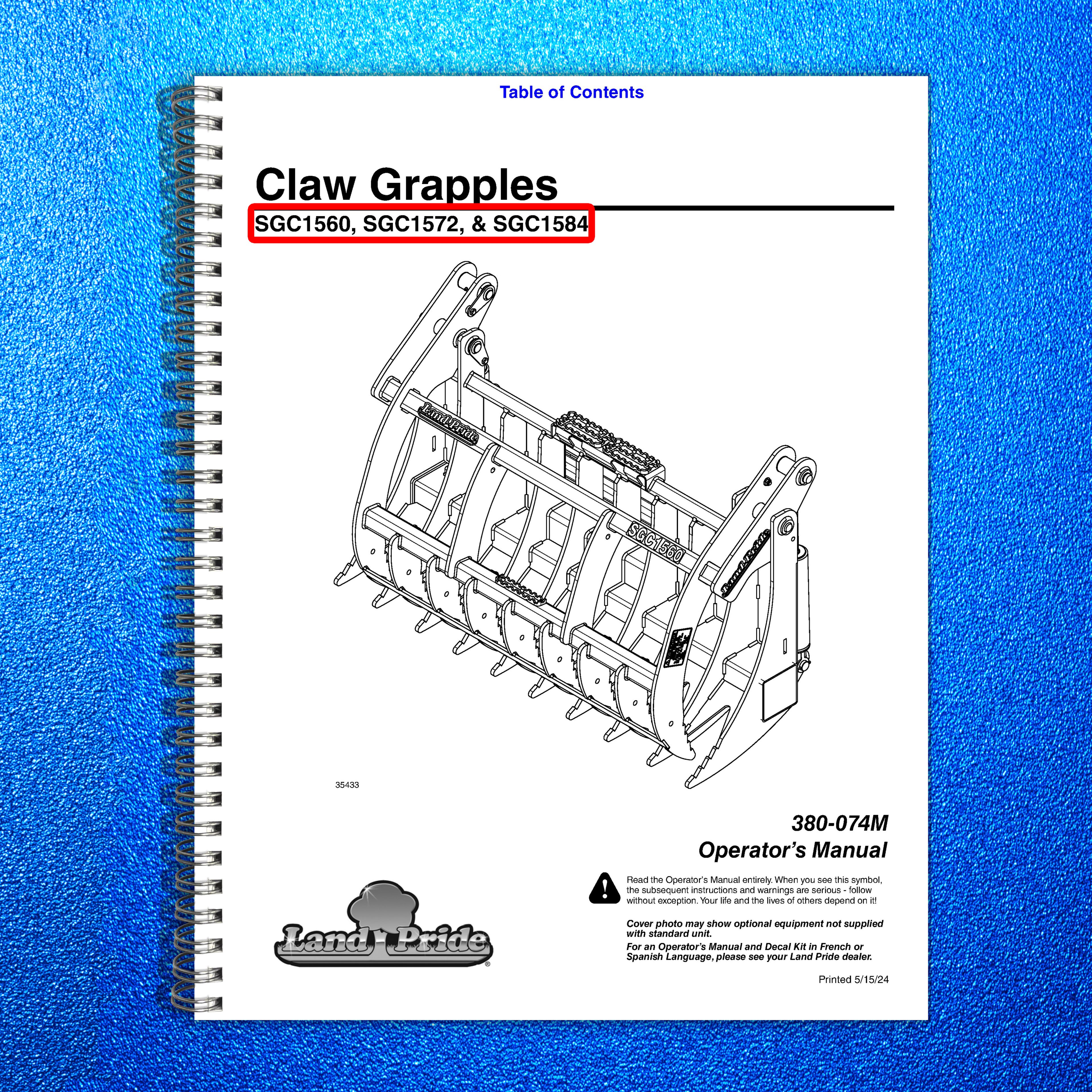 LAND PRIDE SGC15 Series Claw Grapples Operators Manual - WIRE BOUND - COVERS