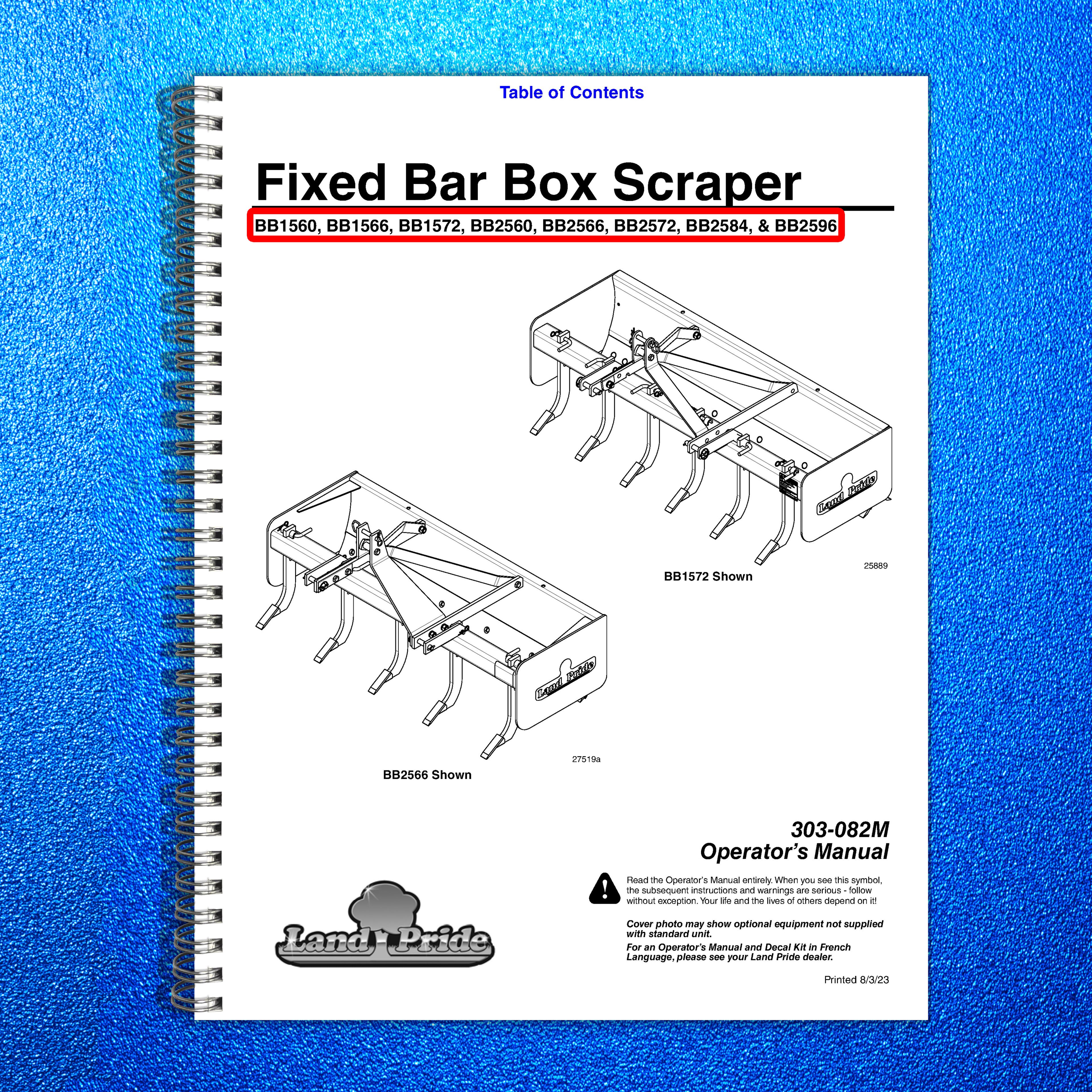 LAND PRIDE BB15 Series Box Scrapers Operators Manual - WIRE BOUND - TOUGH COVERS