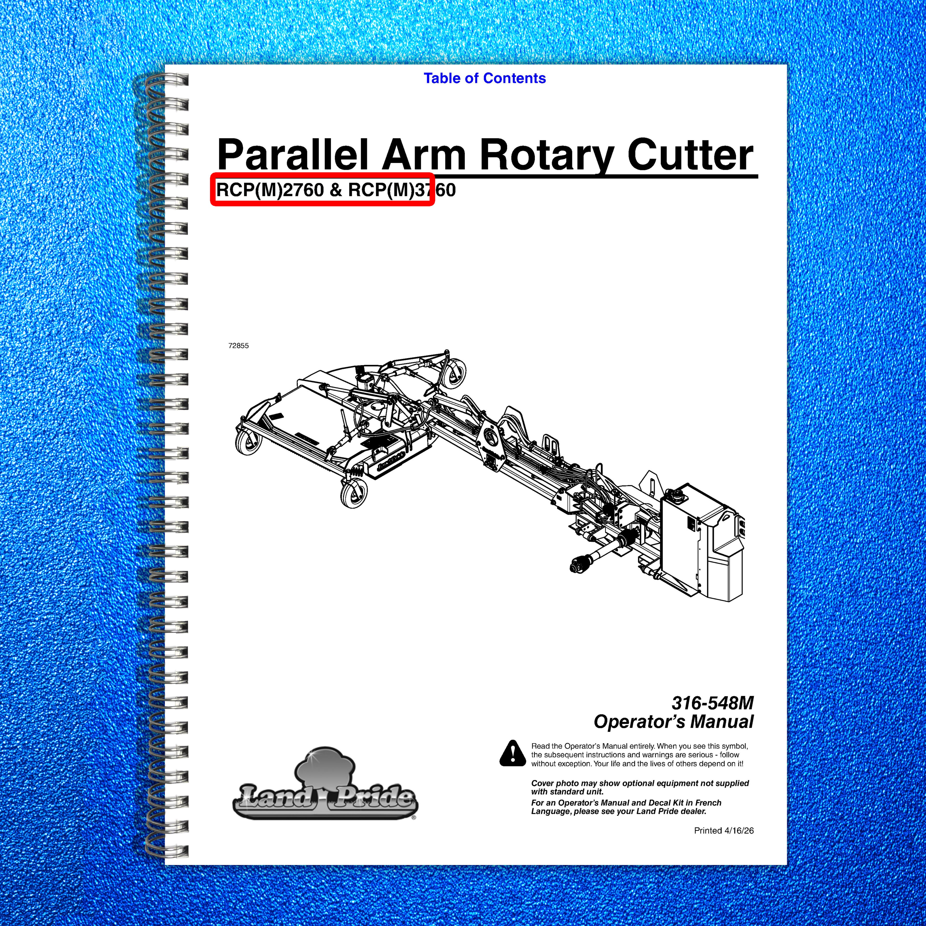 LAND PRIDE RCP27 RCP37 Series Parallel Arm Cutter Operators Manual - WIRE BOUND