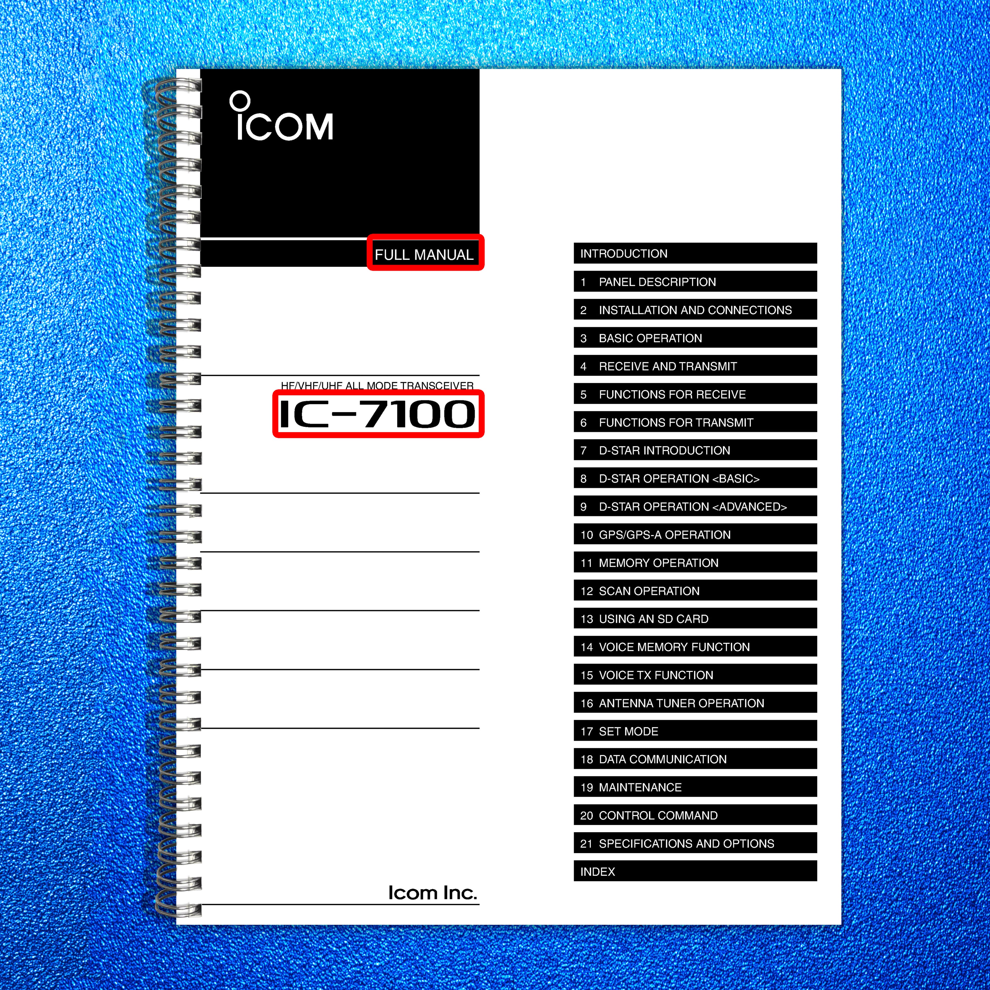 ICOM IC-7100 HF VHF UHF All Mode Transceiver Full Manual - WIRE BOUND - COVERS