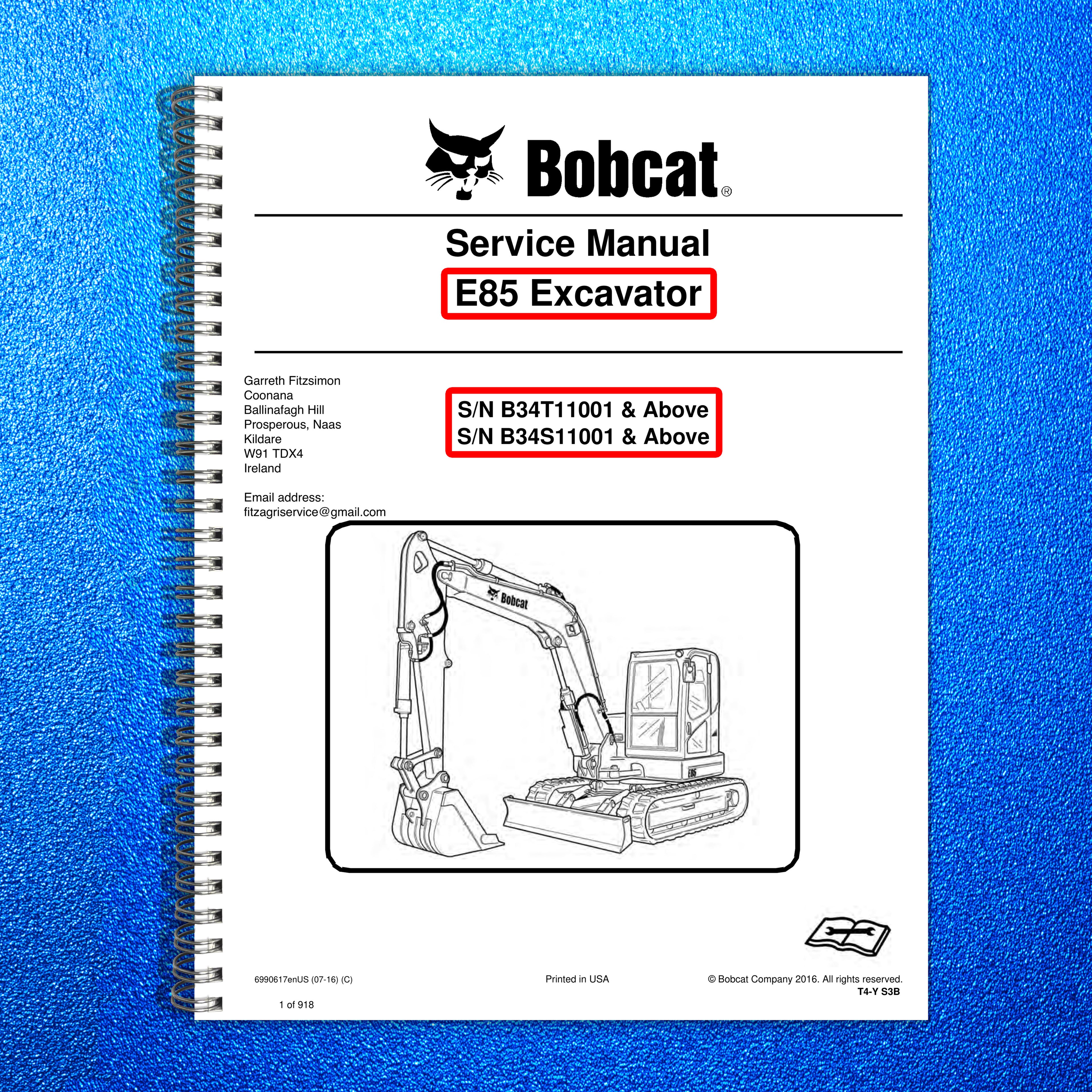 BOBCAT E85 Excavator Service Manual SN B34T11001 Up - BOUND - COVERS - FOLDOUTS
