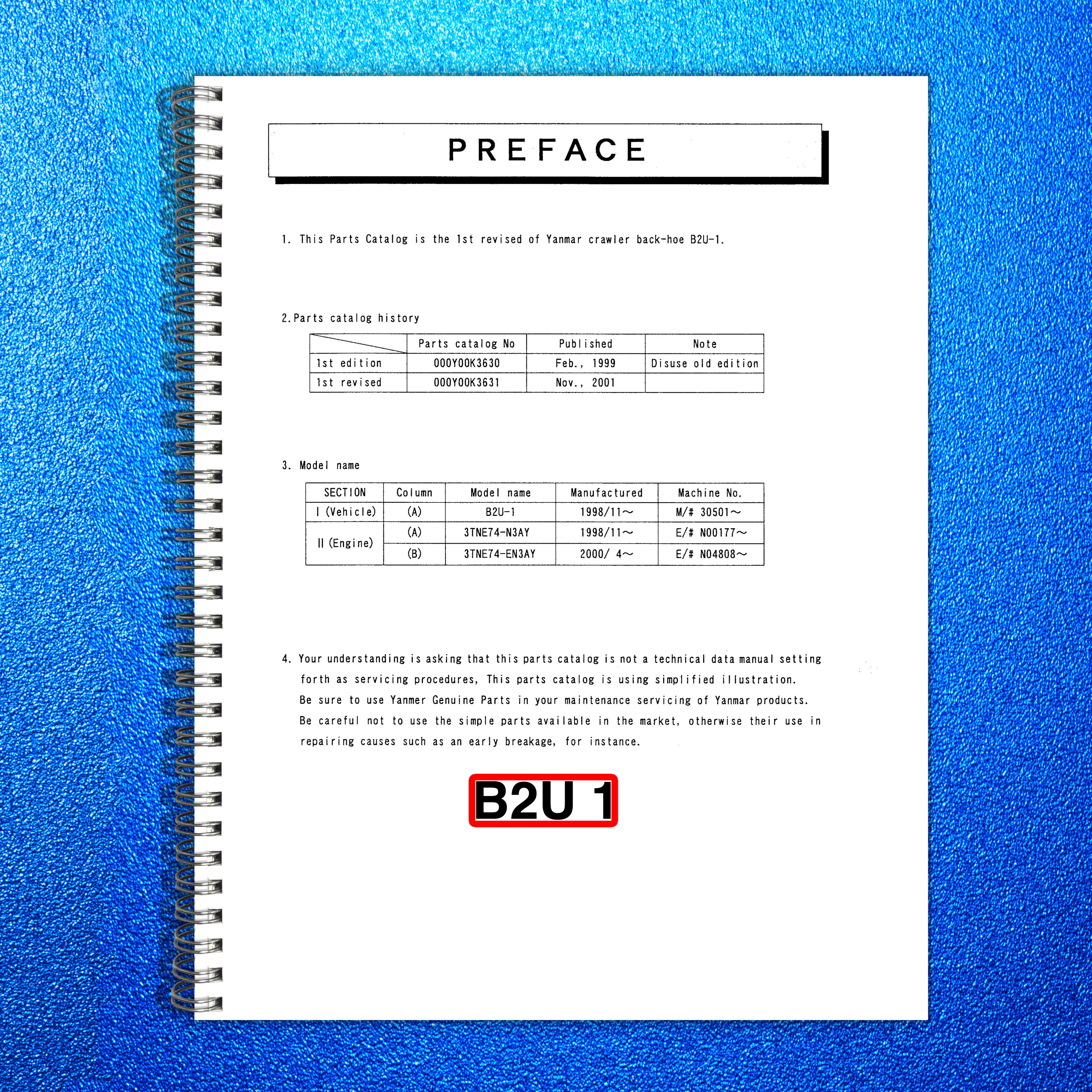 YANMAR B2U-1 Crawler Backhoe Parts Catalog Manual - BOUND - COVERS - XL FOLDOUTS