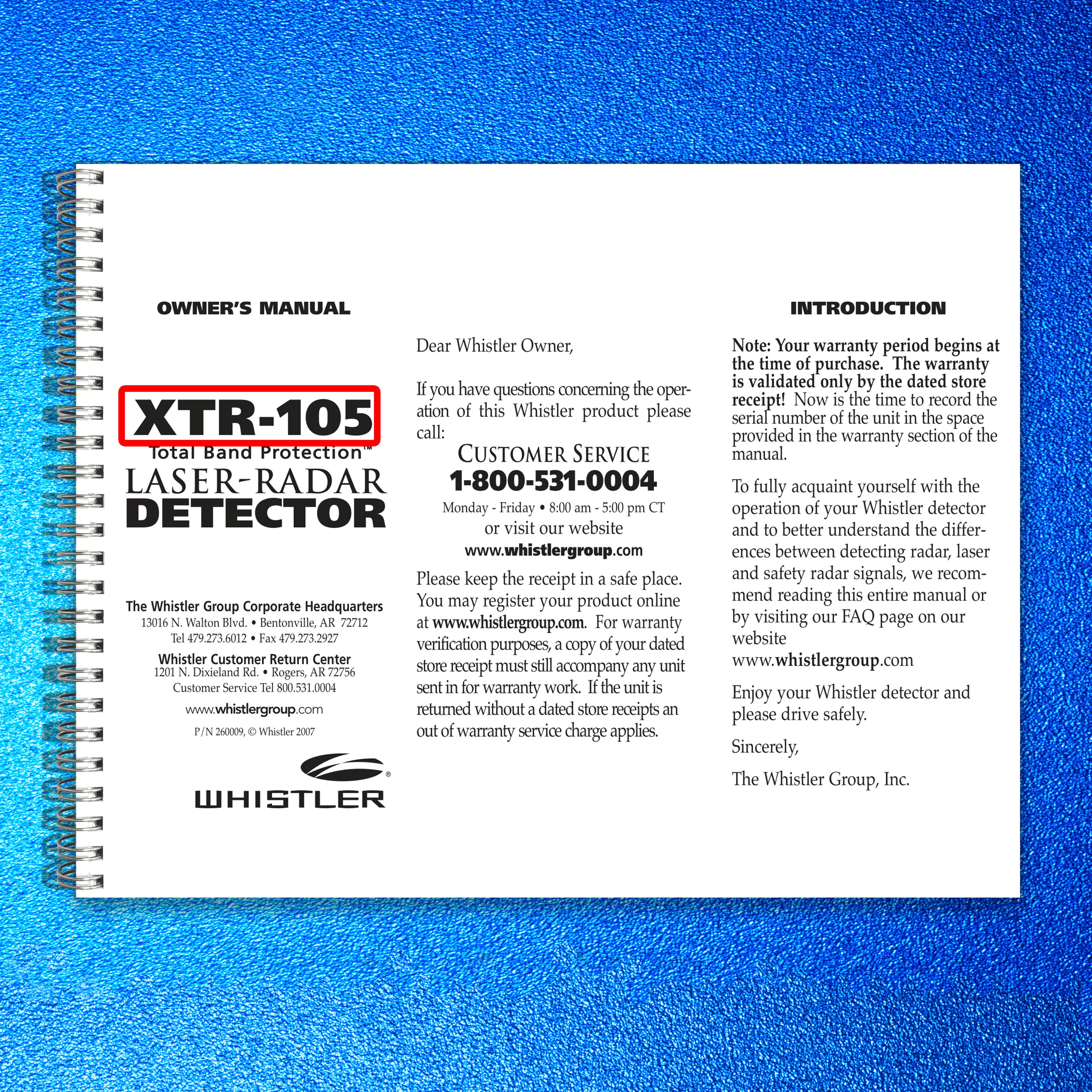 WHISTLER XTR-105 Laser Radar Detector Owners Manual 2007 - WIRE BOUND - COVERS
