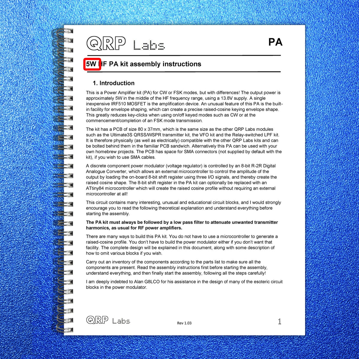 QRP LABS 5W HF PA Kit Assembly Instructions Manual 2016 - WIRE BOUND - COVERS