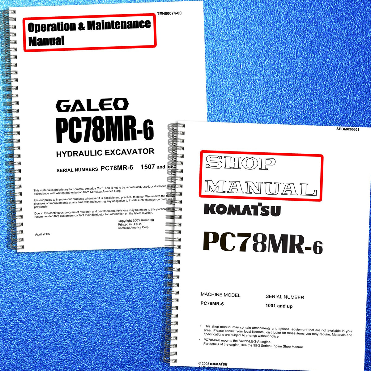 KOMATSU PC78MR-6 Service & Operators Manual BUNDLE - WIRE BOUND - TOUGH COVERS