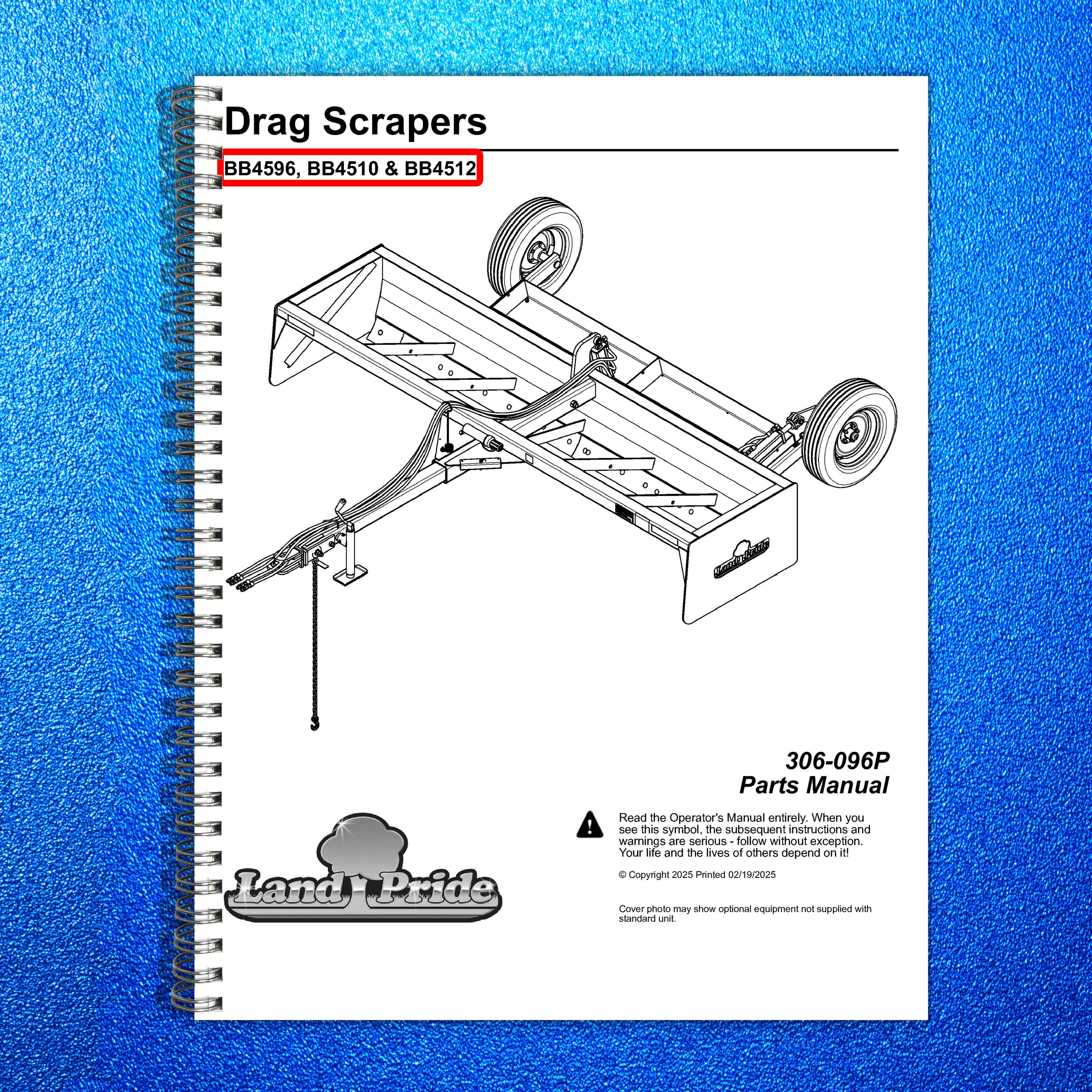 LAND PRIDE BB45 Series Drag Scrapers Parts Manual 2025 - WIRE BOUND - COVERS