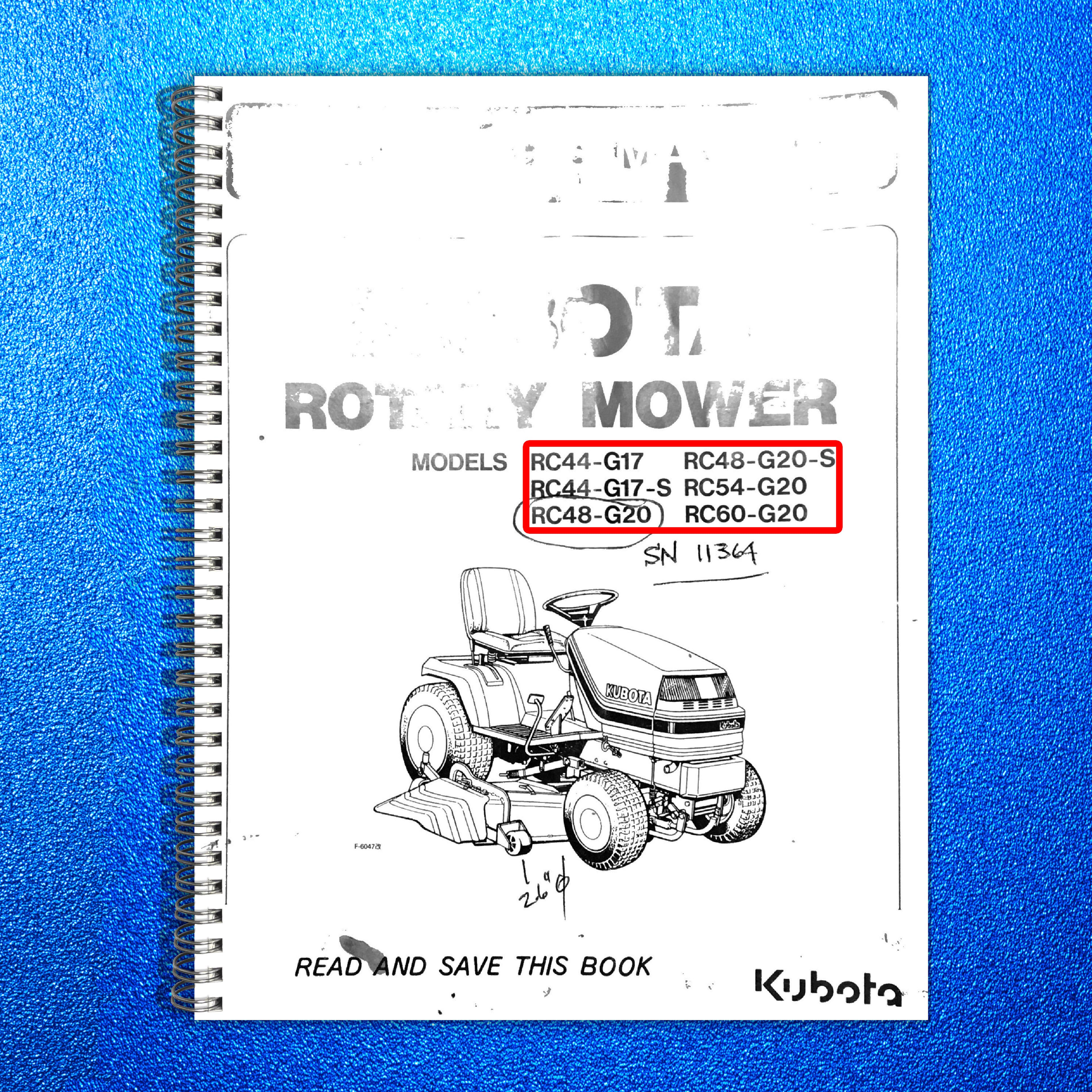 KUBOTA RC44 RC48 RC54 RC60 Mower Operators Manual - WIRE BOUND - TOUGH COVERS