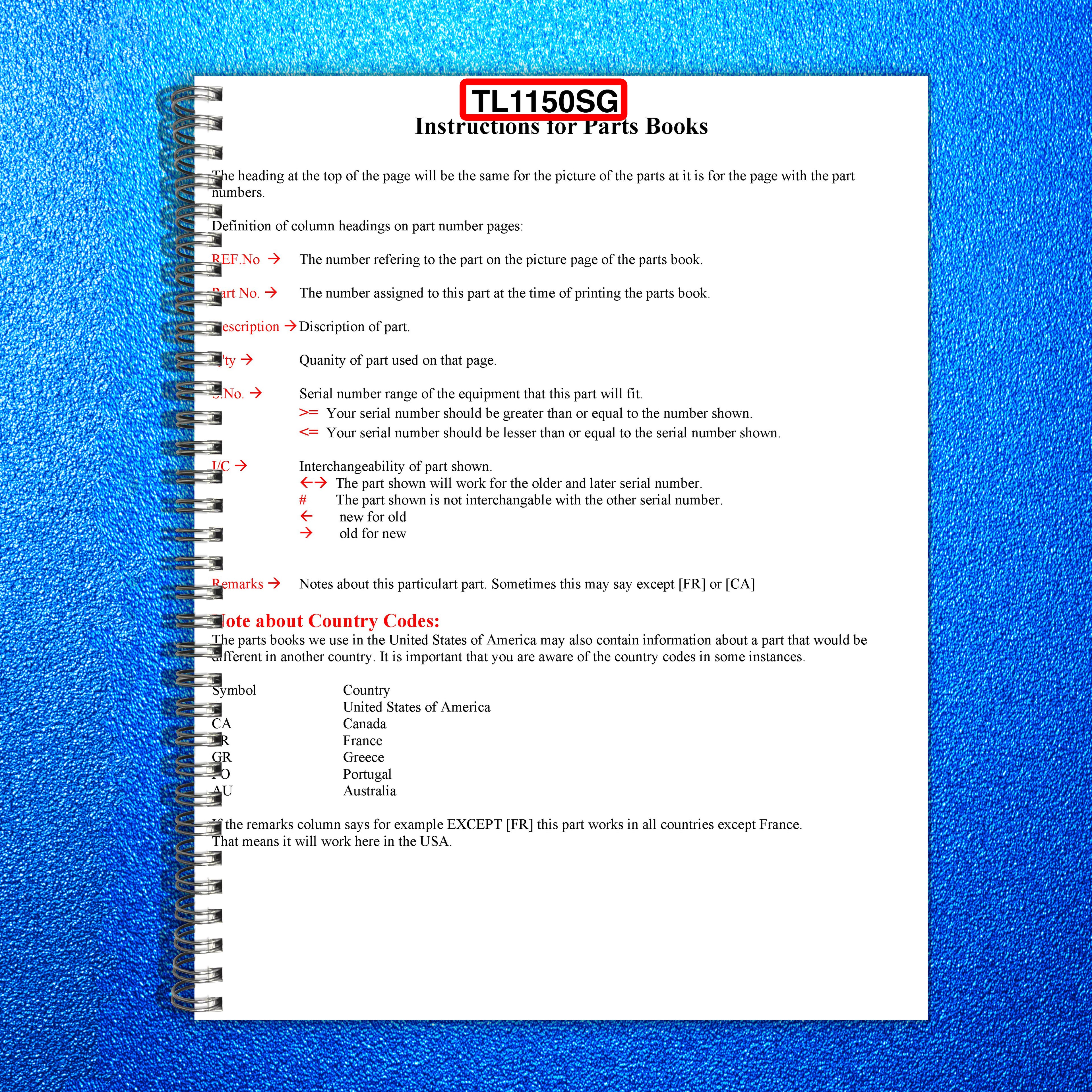 KUBOTA TL1150SG Loader Illustrated Parts List Manual - WIRE BOUND - TOUGH COVERS