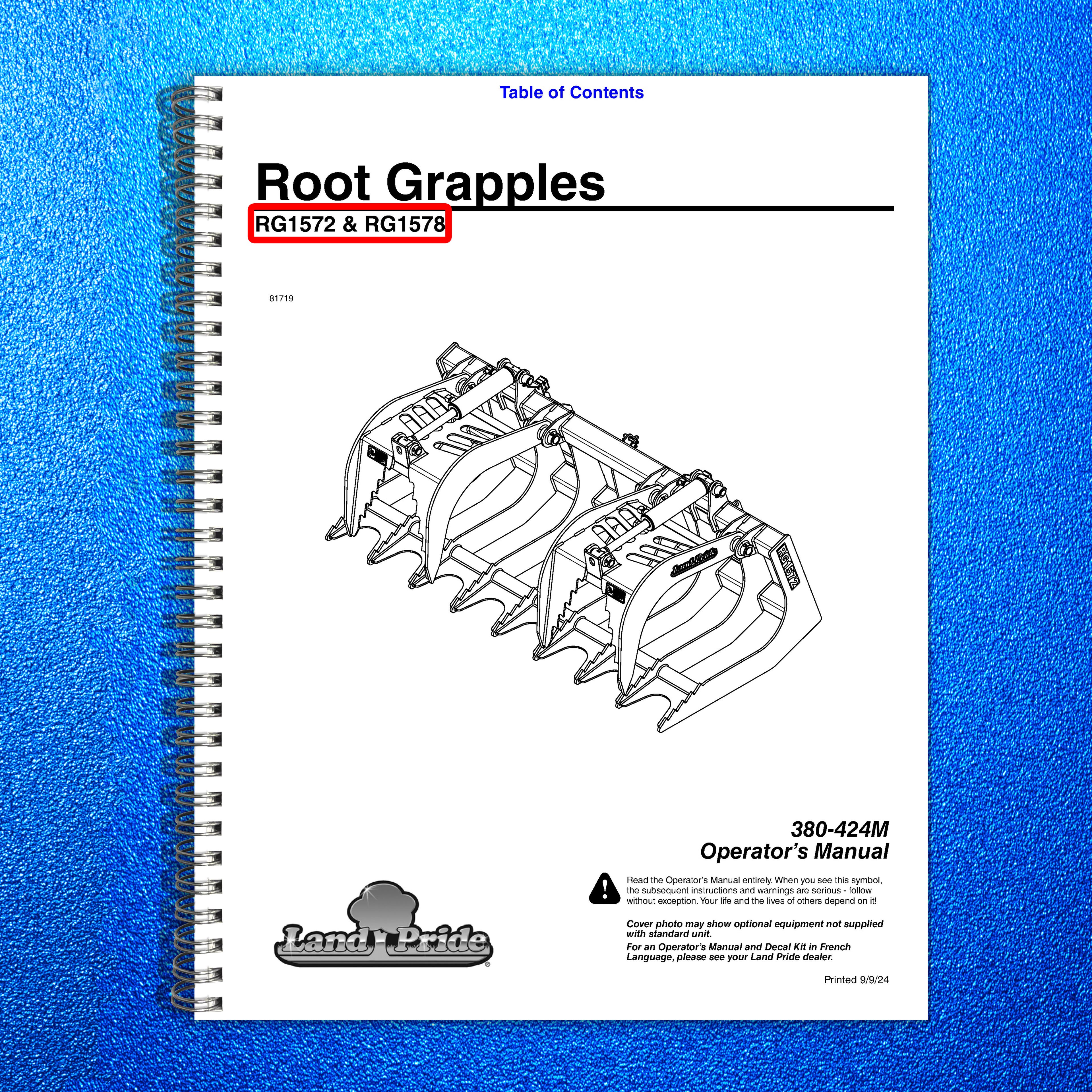 LAND PRIDE RG15 Series Root Grapples Operators Manual - WIRE BOUND - COVERS