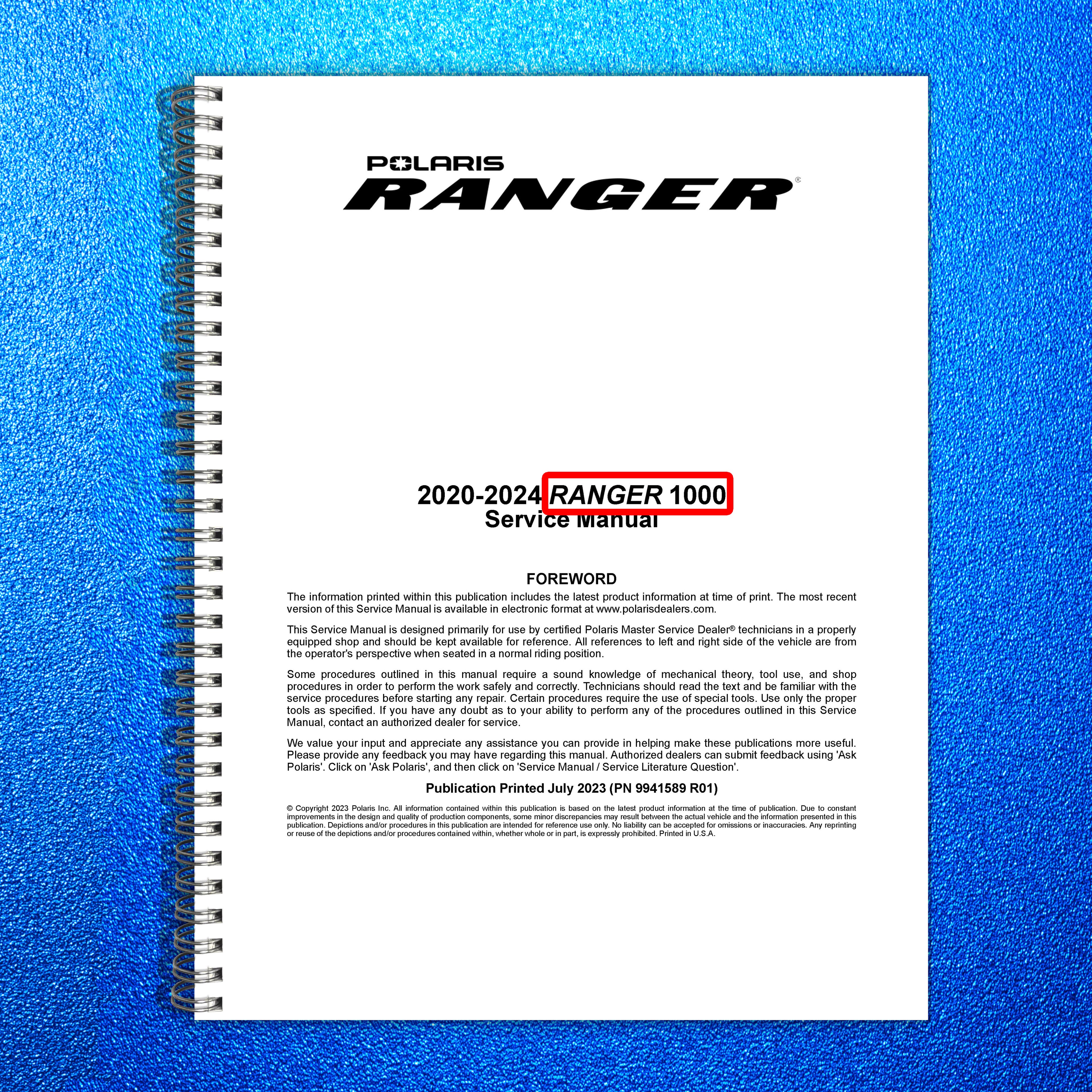 POLARIS Ranger 1000 SOHC Service Manual 2020-2024 - WIRE BOUND - TOUGH COVERS
