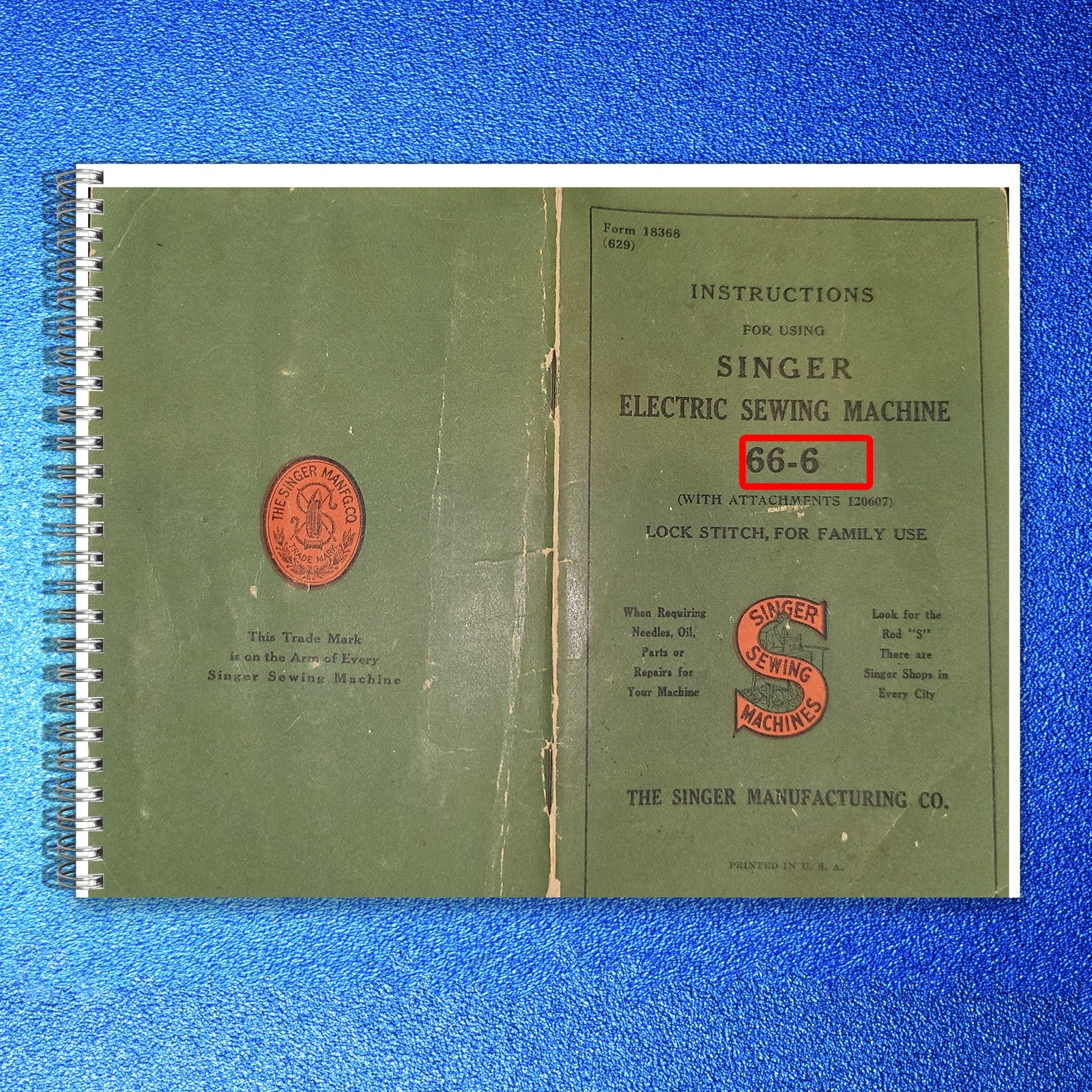 SINGER 66-6 Electric Sewing Machine Instructions Manual 1929 - WIRE BOUND